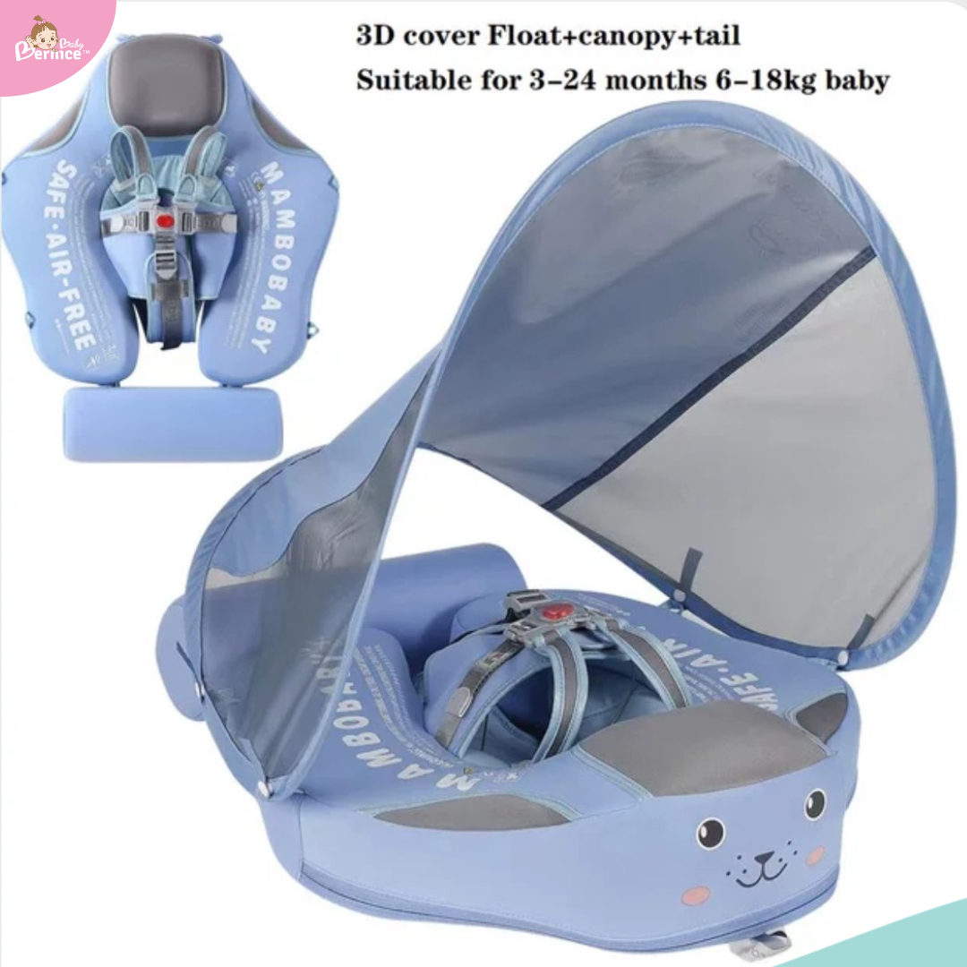 Mambobaby Non-inflatable Baby Swim Float Waterproof Baby Swimming Float Skin-friendly Swim Trainer with Tail Float + Sun Canopy