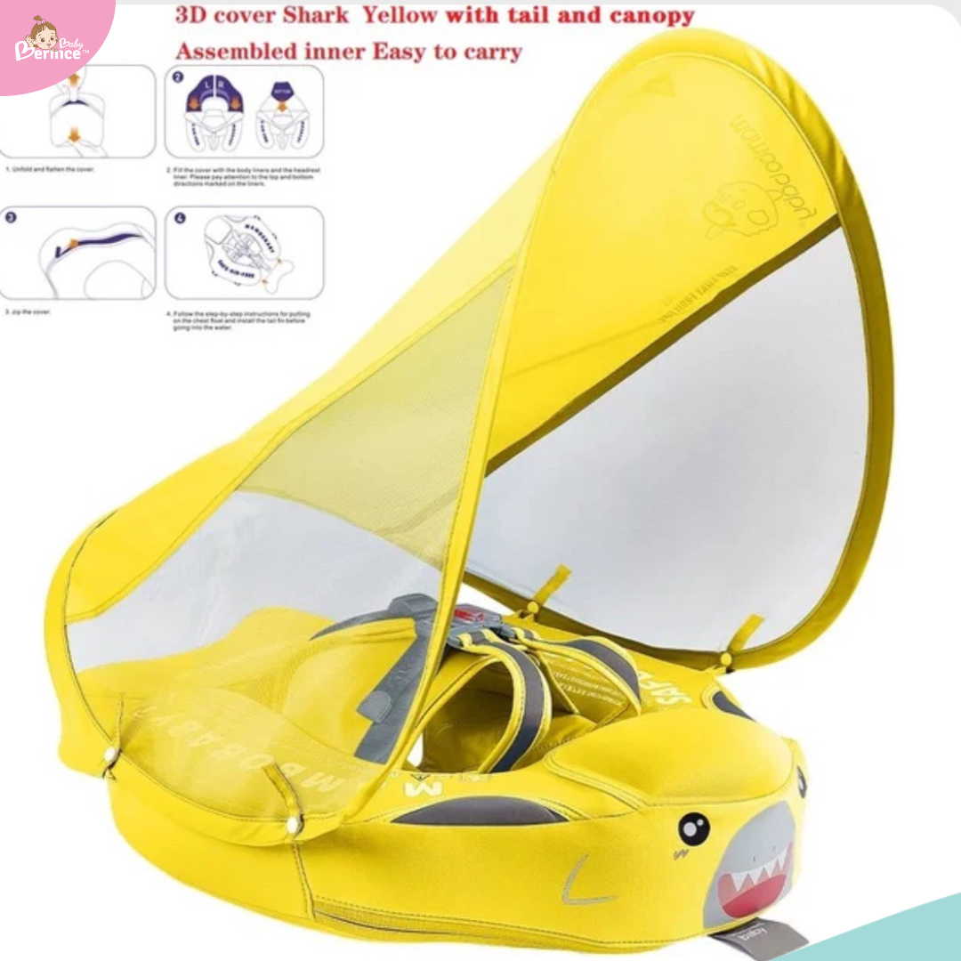 Mambobaby Non-inflatable Baby Swim Float Waterproof Baby Swimming Float Skin-friendly Swim Trainer with Tail Float + Sun Canopy