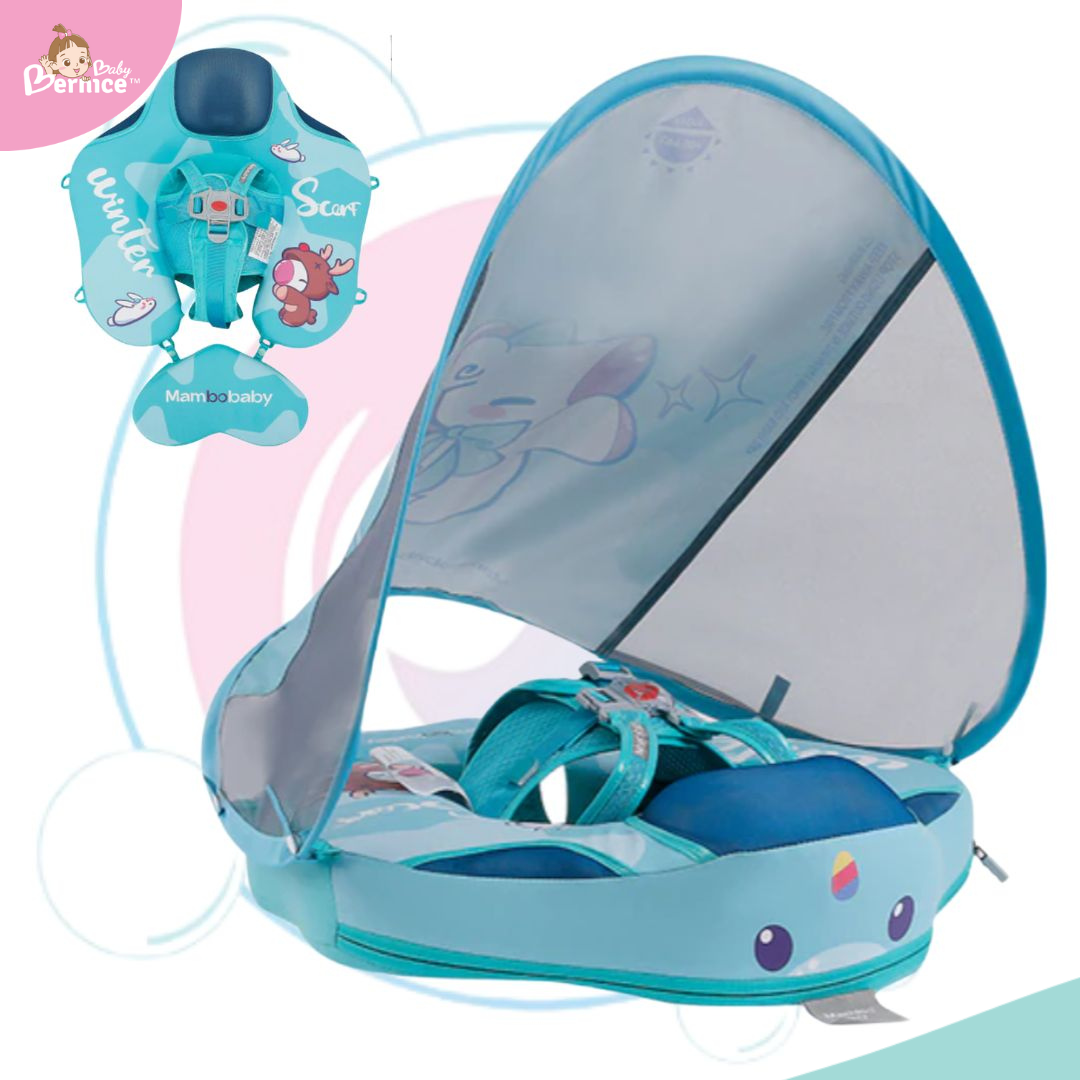 Mambobaby Non-inflatable Baby Swim Float Waterproof Baby Swimming Float Skin-friendly Swim Trainer with Tail Float + Sun Canopy
