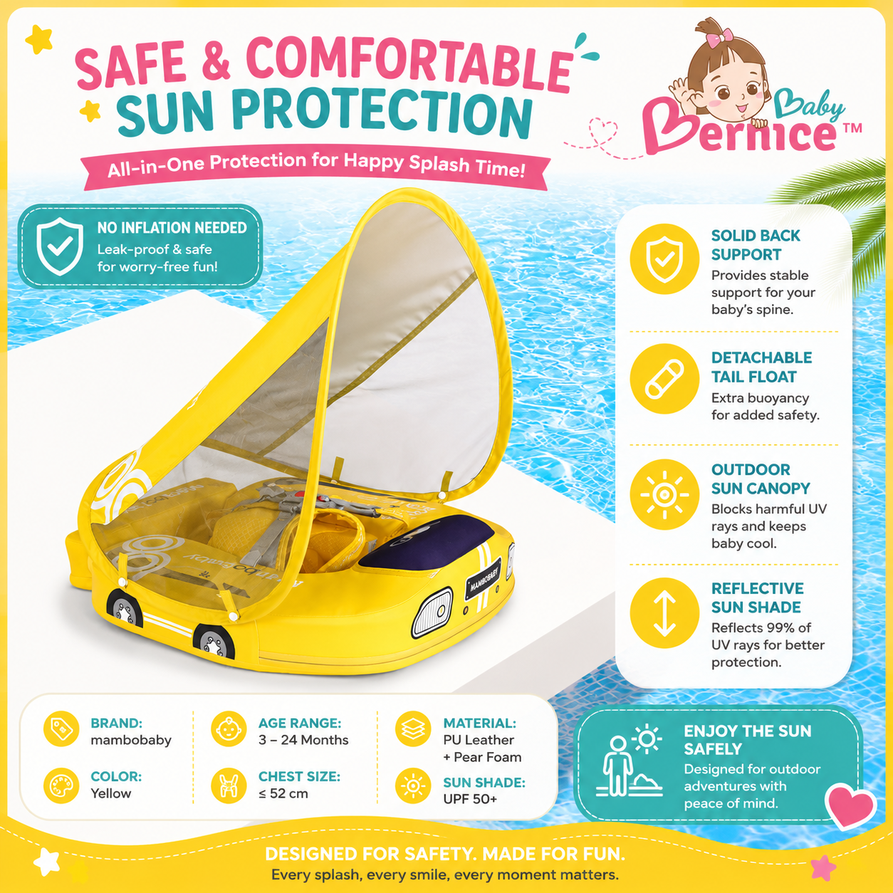 Mambobaby Non-inflatable Baby Swim Float Waterproof Baby Swimming Float Skin-friendly Swim Trainer with Tail Float + Sun Canopy