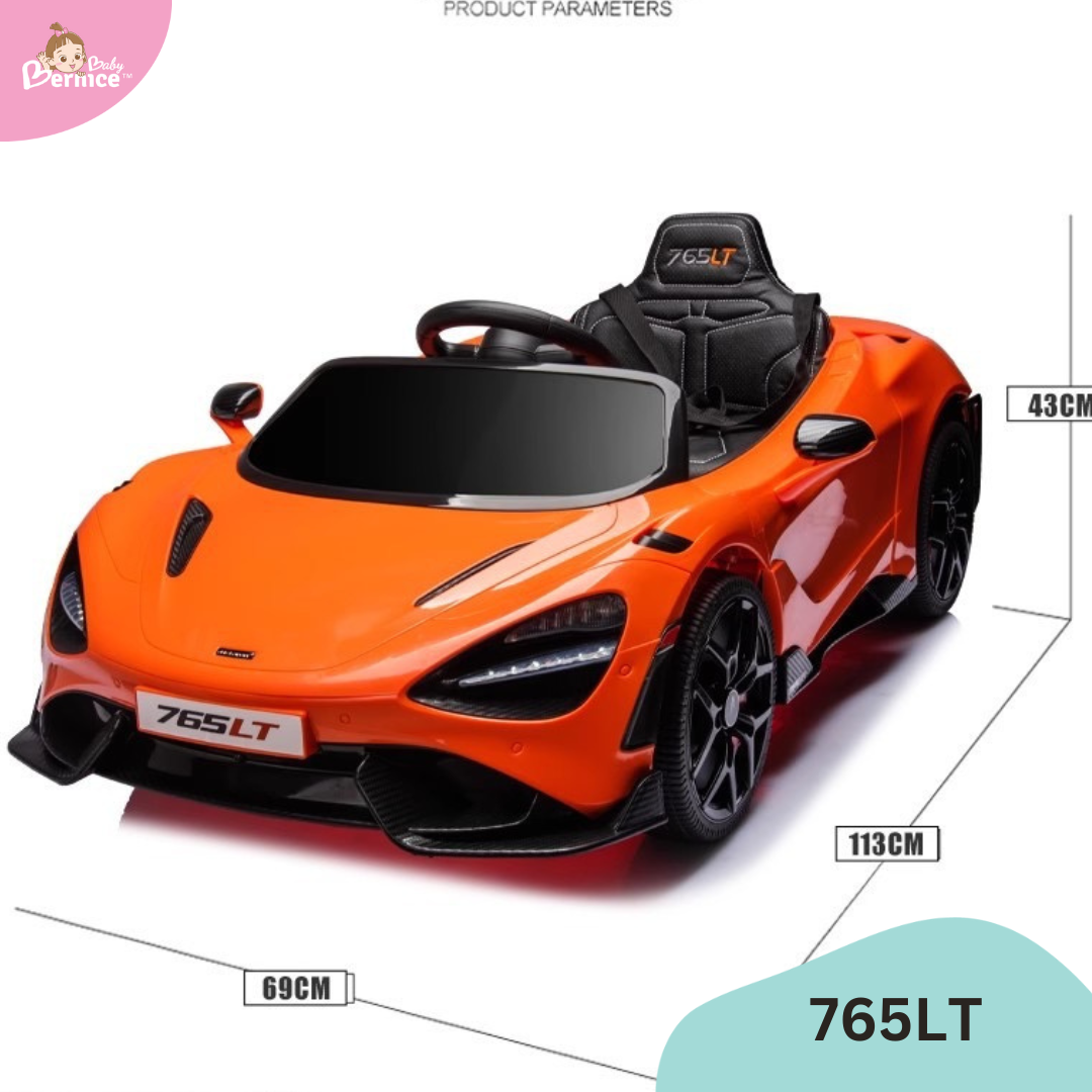 Mclaren 765LT Kids Electric Car
Dimension : 113cm (L) x 69cm (W) x 43cm (H)
Net weight 13kg
Max load : 30kg (Actual tested weight is higher)
Age suitability : 3-9 years old