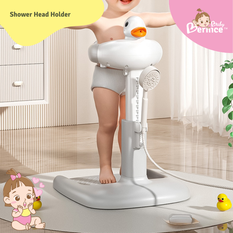 Adjustable Baby Shower Stand with Anti-Slip Base & Shower Head Holder – Ergonomic Design with Chair (Khaki/Grey)