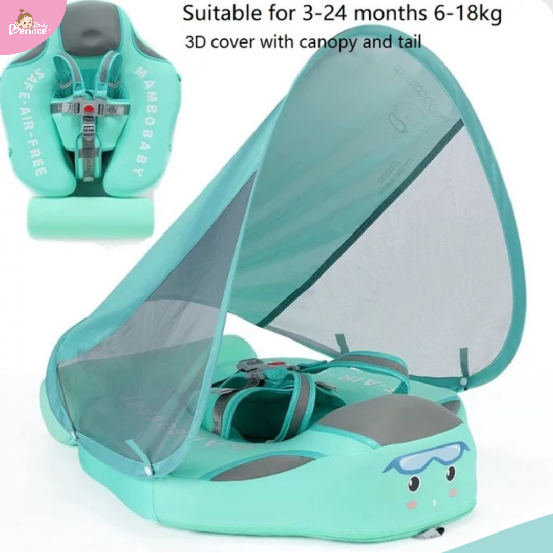 Mambobaby Non-inflatable Baby Swim Float Waterproof Baby Swimming Float Skin-friendly Swim Trainer with Tail Float + Sun Canopy
