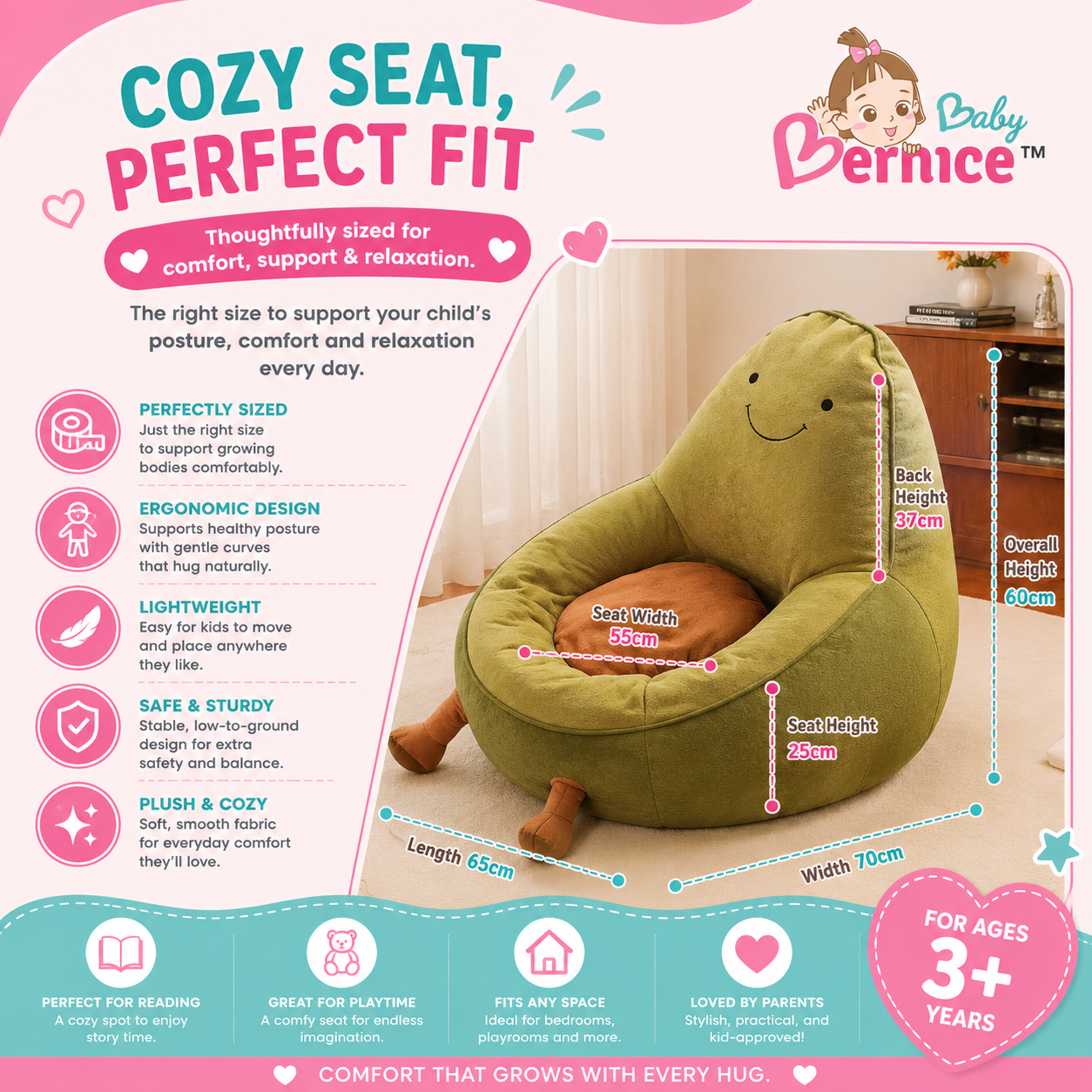 Avocado Kids Bean Bag Sofa | Soft Corduroy Plush Chair for Kids (3+ Years)