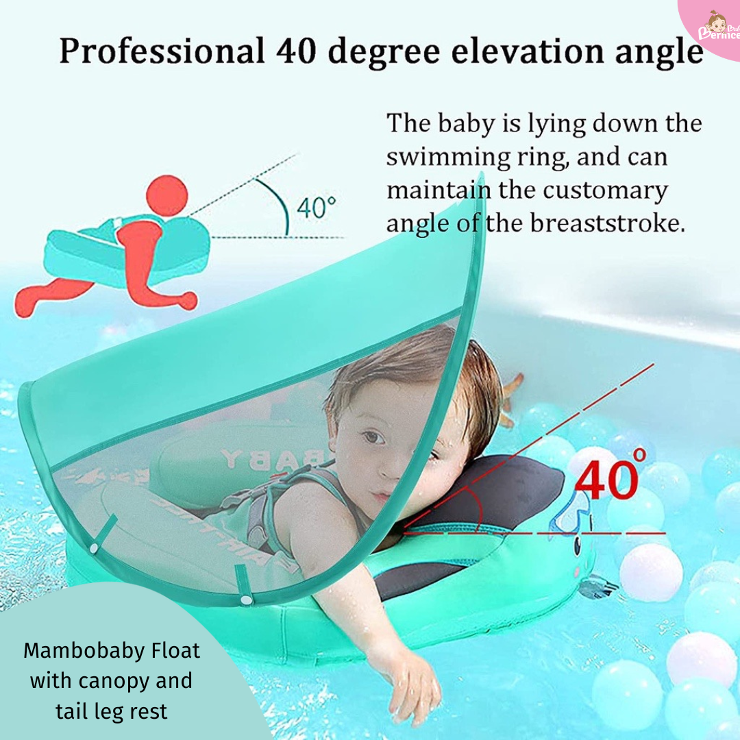 Mambobaby Non-inflatable Baby Swim Float Waterproof Baby Swimming Float Skin-friendly Swim Trainer with Tail Float + Sun Canopy