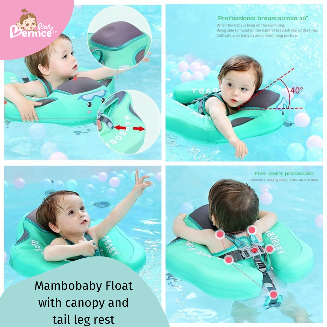 Mambobaby Non-inflatable Baby Swim Float Waterproof Baby Swimming Float Skin-friendly Swim Trainer with Tail Float + Sun Canopy