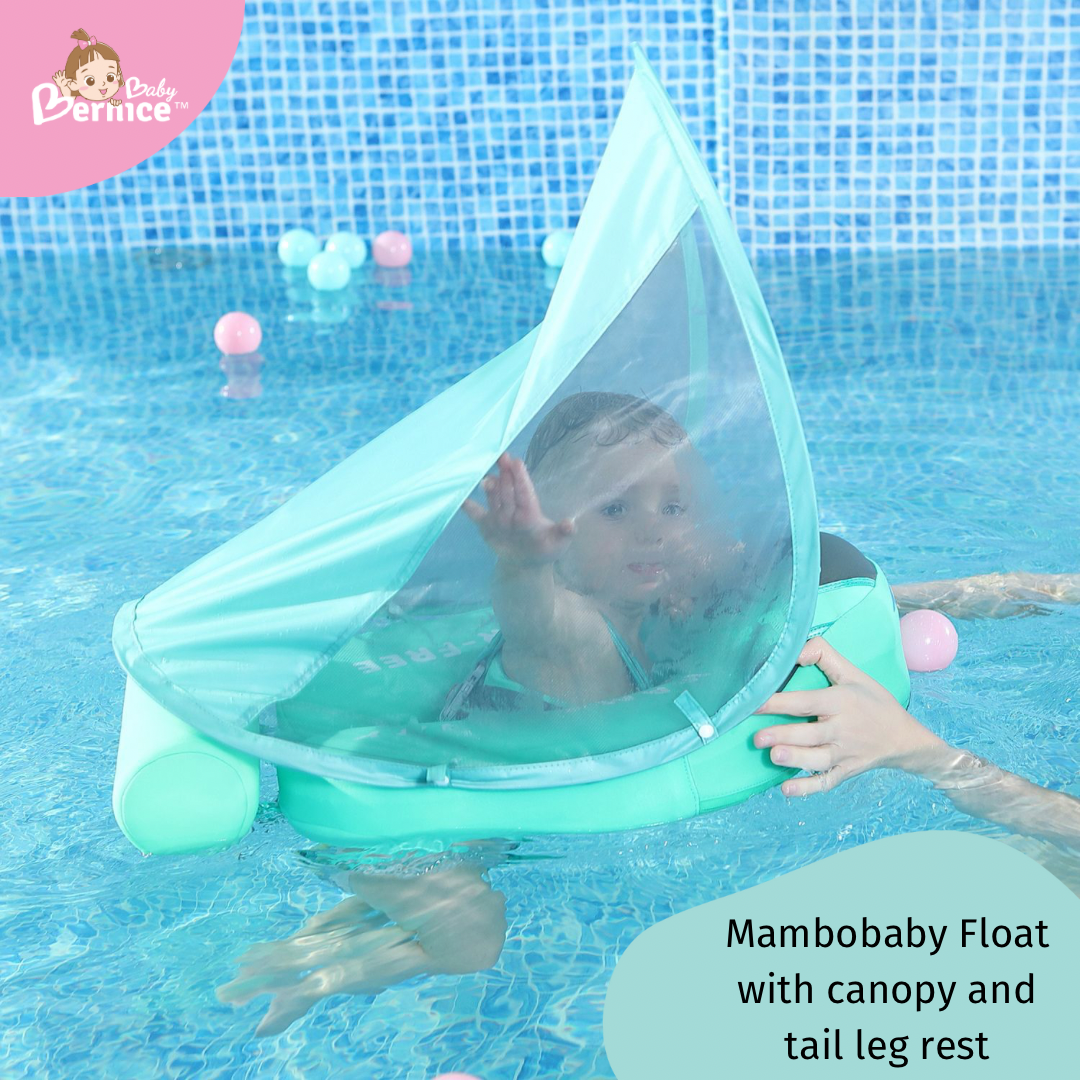 Mambobaby Non-inflatable Baby Swim Float Waterproof Baby Swimming Float Skin-friendly Swim Trainer with Tail Float + Sun Canopy
