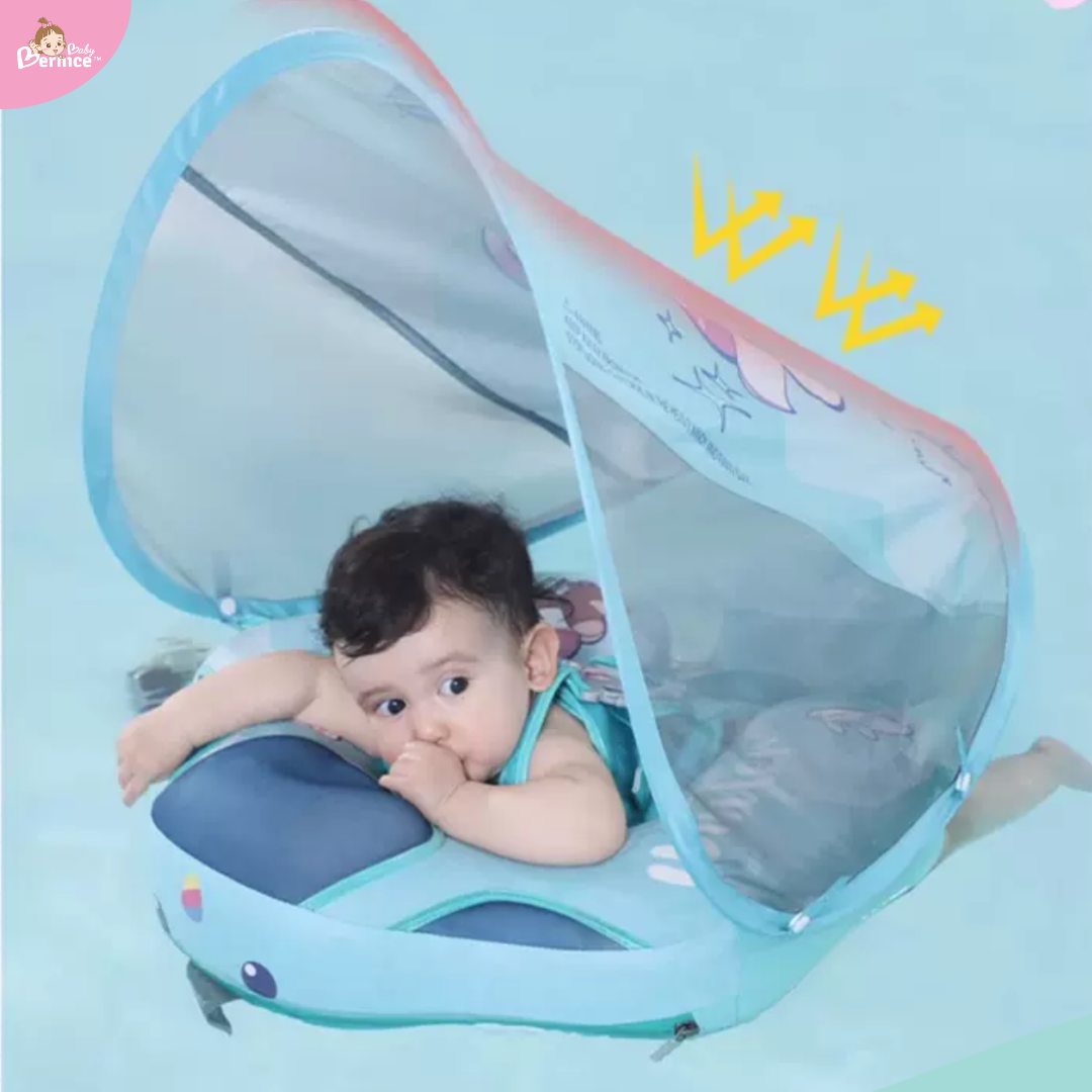 Mambobaby Non-inflatable Baby Swim Float Waterproof Baby Swimming Float Skin-friendly Swim Trainer with Tail Float + Sun Canopy