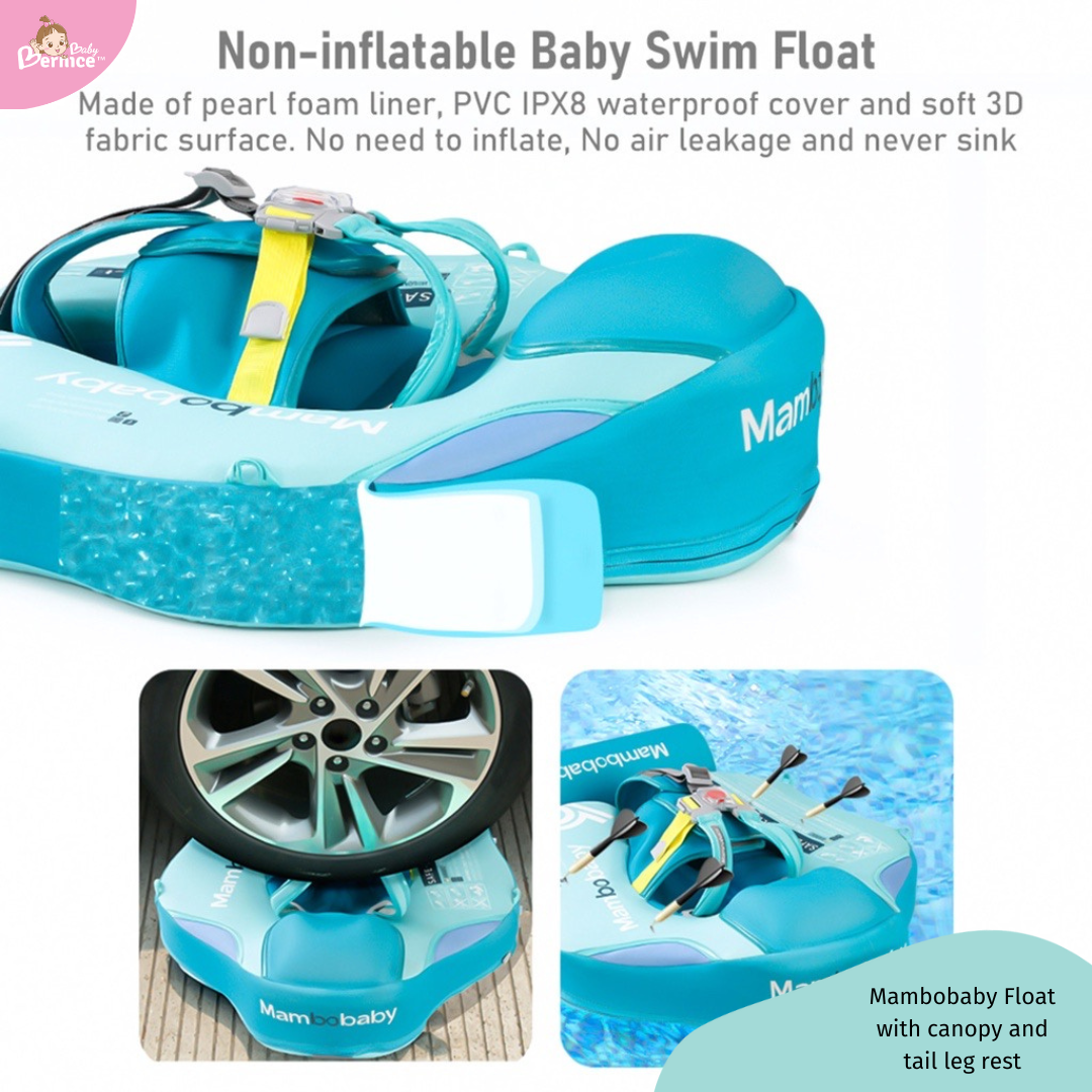 Mambobaby Non-inflatable Baby Swim Float Waterproof Baby Swimming Float Skin-friendly Swim Trainer with Tail Float + Sun Canopy
