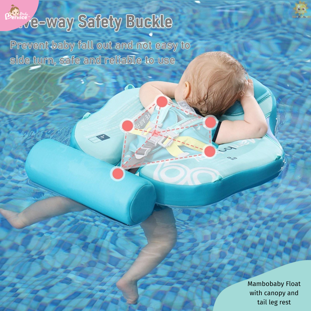 Mambobaby Non-inflatable Baby Swim Float Waterproof Baby Swimming Float Skin-friendly Swim Trainer with Tail Float + Sun Canopy