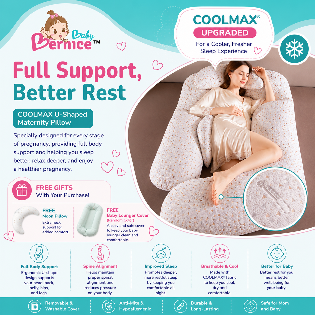 Baby Bernice™ Premium COOLMAX U-Shaped Maternity Pillow | Cooling Breathable Full Body Pregnancy Support Pillow + Free Gifts