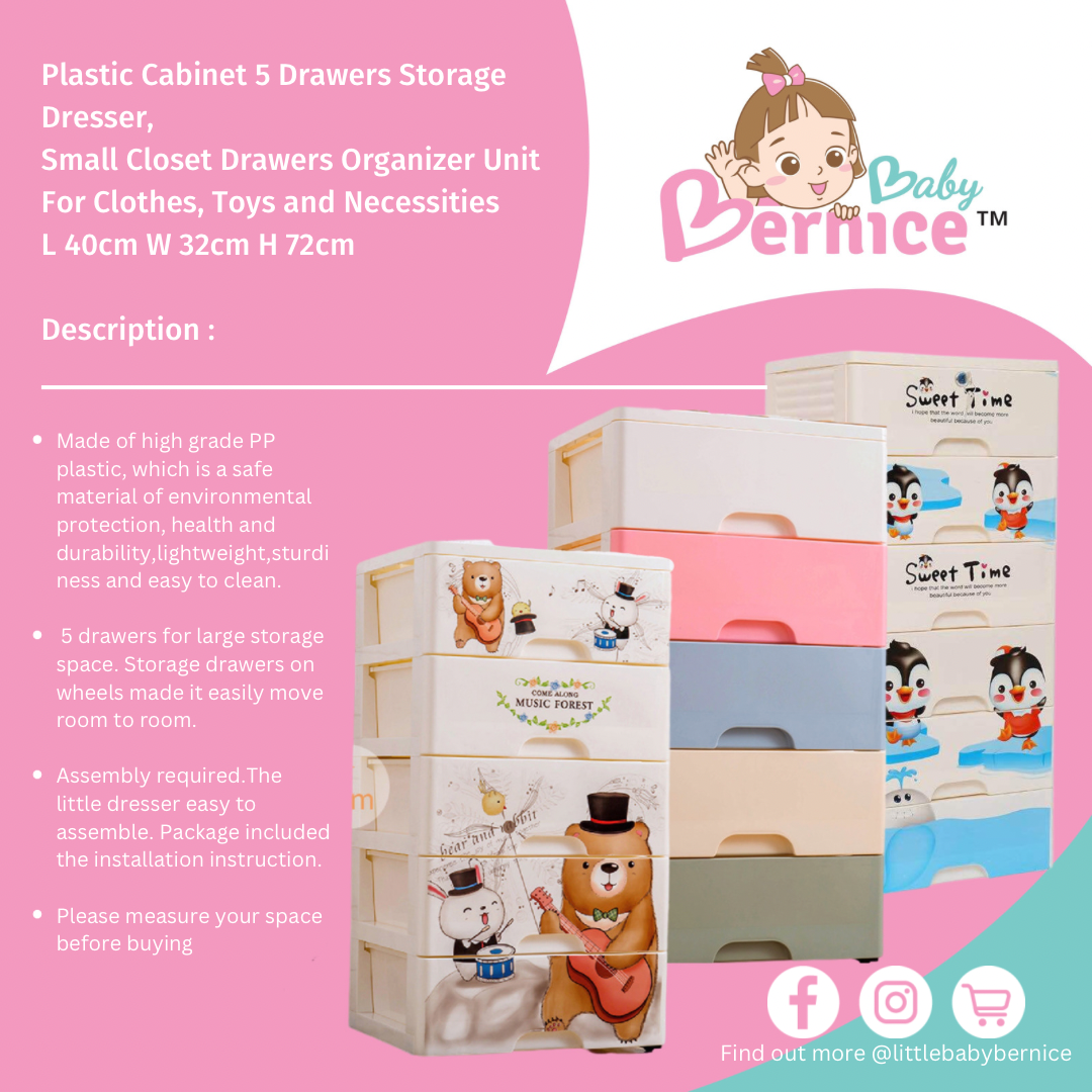 40cm Plastic Cabinet 5 Drawers Storage Dresser Small Closet Drawers Organizer Unit For Clothes, Toys and Necessities