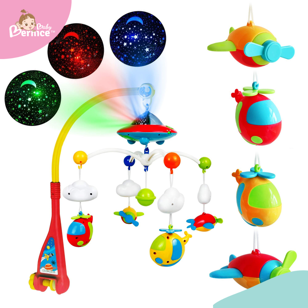 Baby Crib Mobile with Music and Lights, Light Projector with Stars. Musical Mobile for Crib with Space, Airplanes and Clouds Theme. Nursery Toys for Babies 0-24 Months