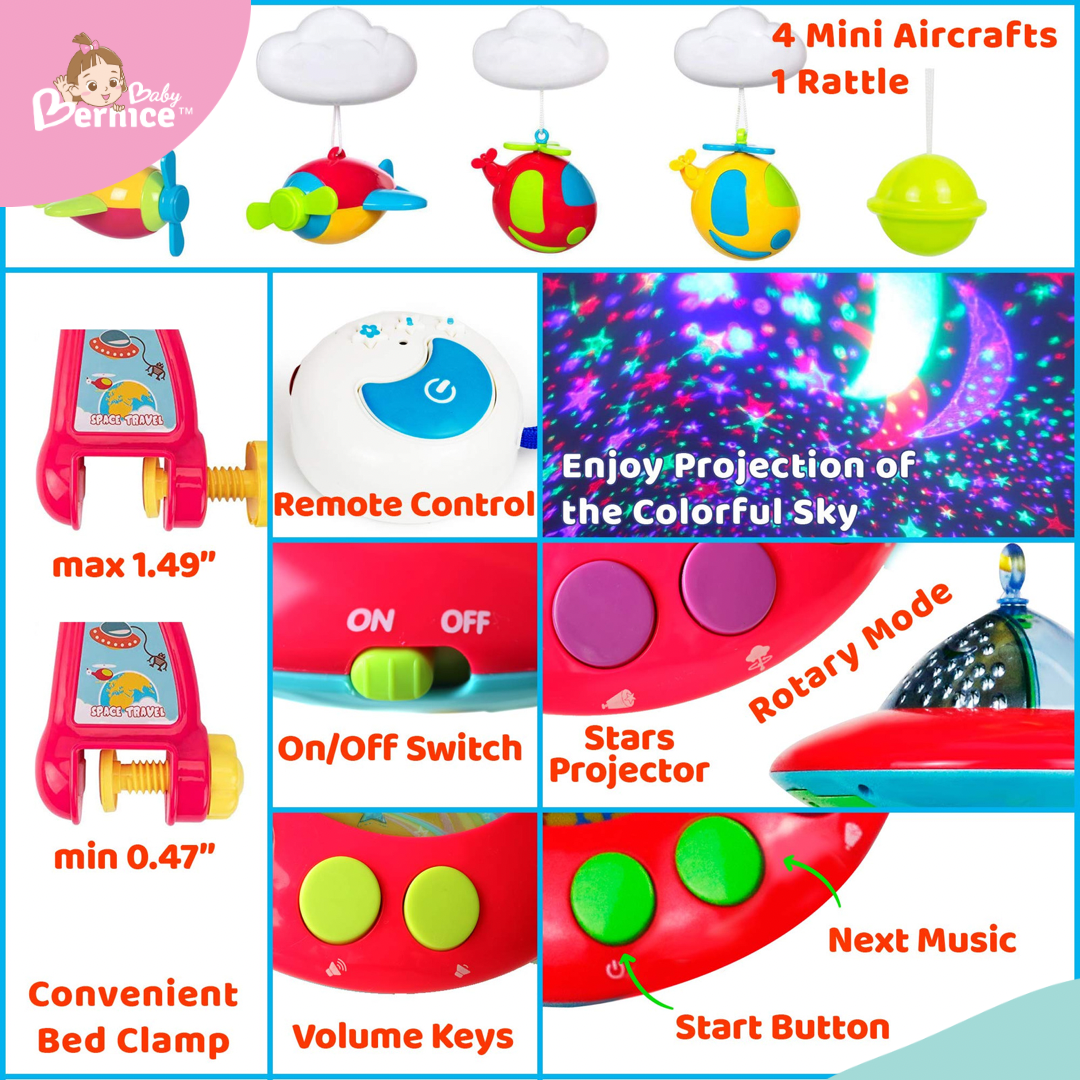 Baby Crib Mobile with Music and Lights, Light Projector with Stars. Musical Mobile for Crib with Space, Airplanes and Clouds Theme. Nursery Toys for Babies 0-24 Months