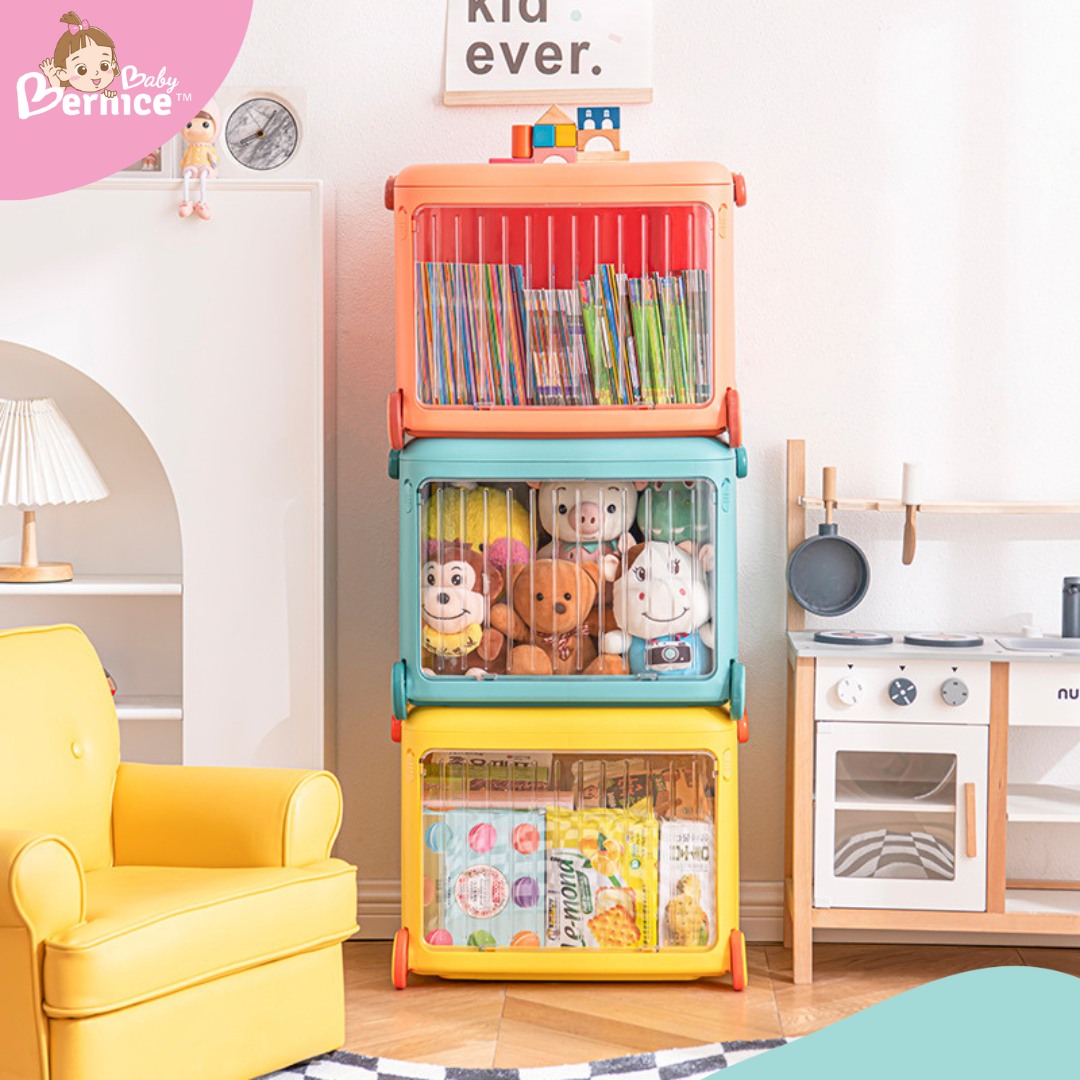 Toys container with pulley and transparent lockable lid