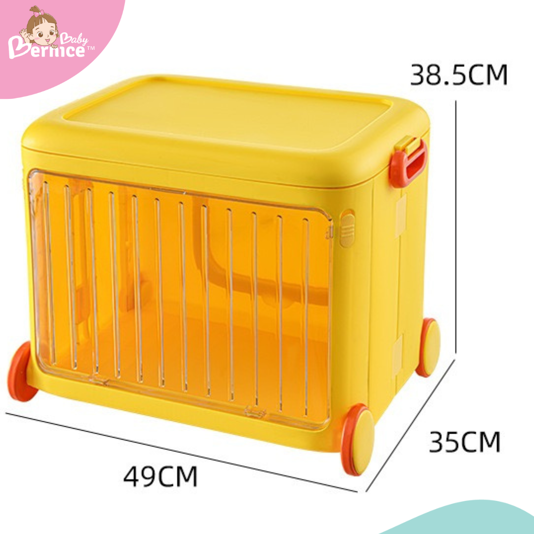 Toys container with pulley and transparent lockable lid