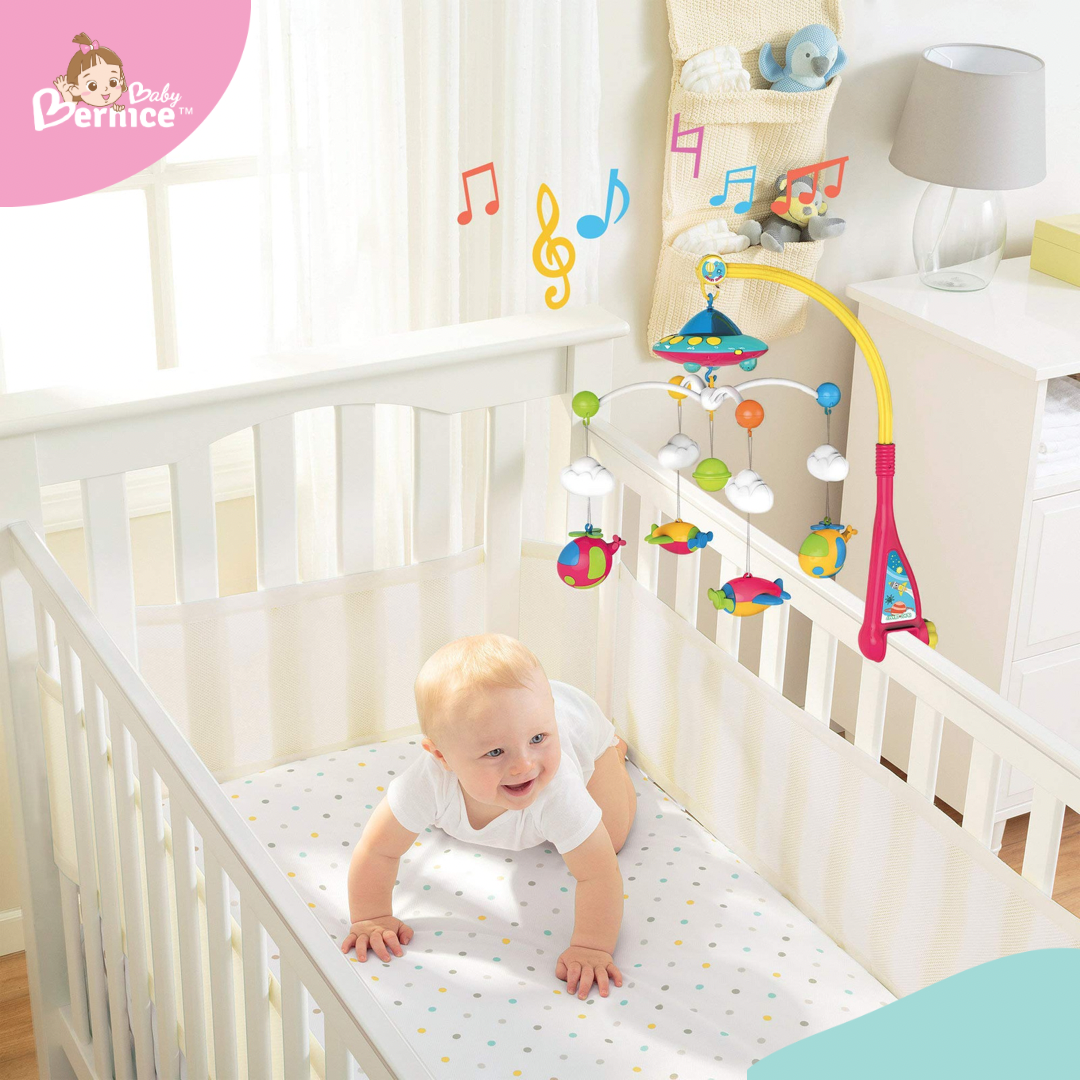 Baby Crib Mobile with Music and Lights, Light Projector with Stars. Musical Mobile for Crib with Space, Airplanes and Clouds Theme. Nursery Toys for Babies 0-24 Months