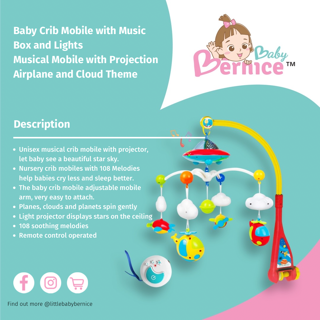 Baby Crib Mobile with Music and Lights, Light Projector with Stars. Musical Mobile for Crib with Space, Airplanes and Clouds Theme. Nursery Toys for Babies 0-24 Months