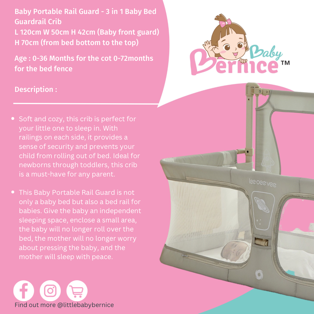 Baby Portable Rail Guard - 3 in 1 Baby Bed Guardrail Crib L 120cm W 50cm H 42cm (Baby front guard) H 70cm (from bed bottom to the top) Age : 0-36 Months for the cot 0-72months for the bed fence