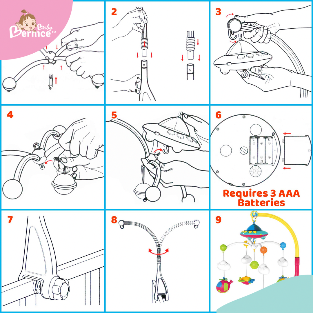Baby Crib Mobile with Music and Lights, Light Projector with Stars. Musical Mobile for Crib with Space, Airplanes and Clouds Theme. Nursery Toys for Babies 0-24 Months