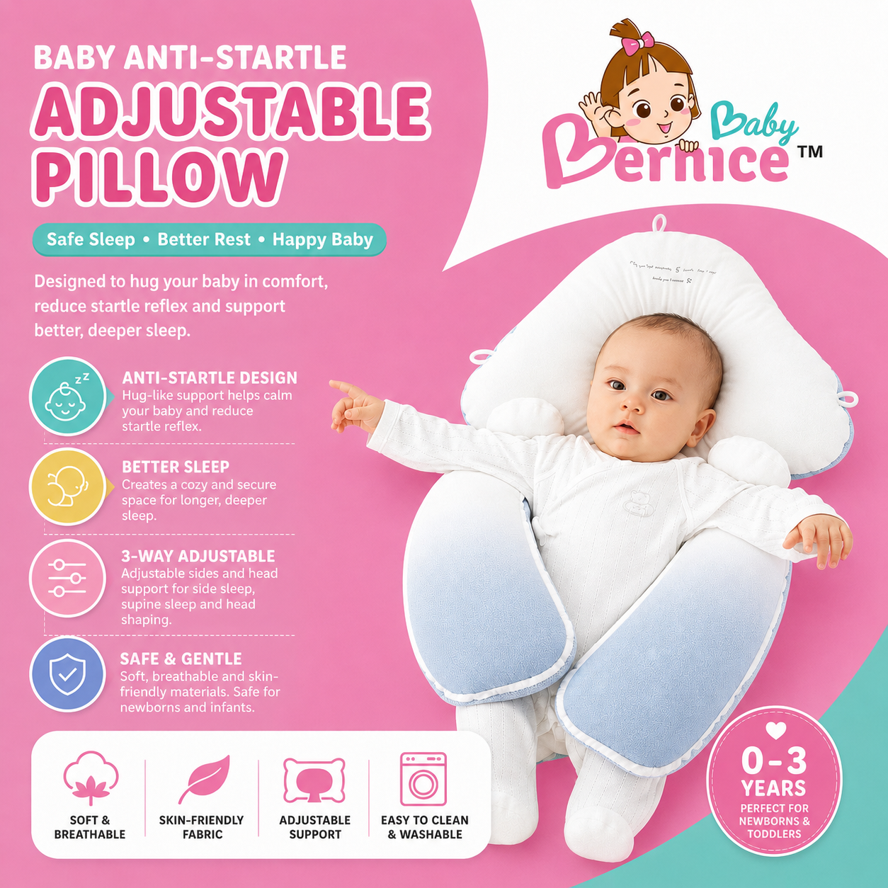 Baby Anti Flat Head Pillow for Newborns & Toddlers | Adjustable Sleeping Pillow Cushion | 0–3 Years