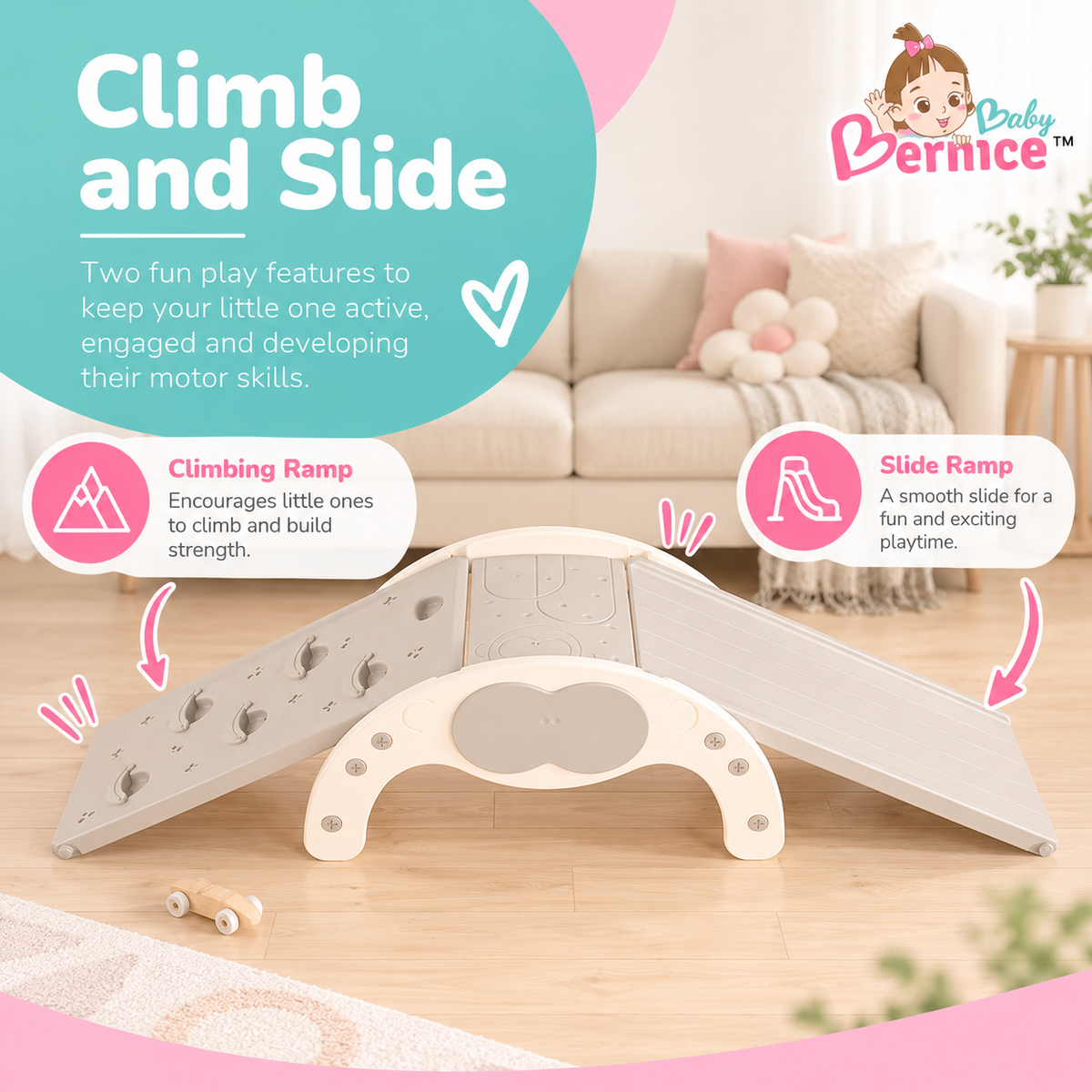Baby Bernice 4-in-1 Multifunctional Toddler Climbing Slide & Rocker | Montessori-Inspired Indoor Playset | Balance & Motor Skills