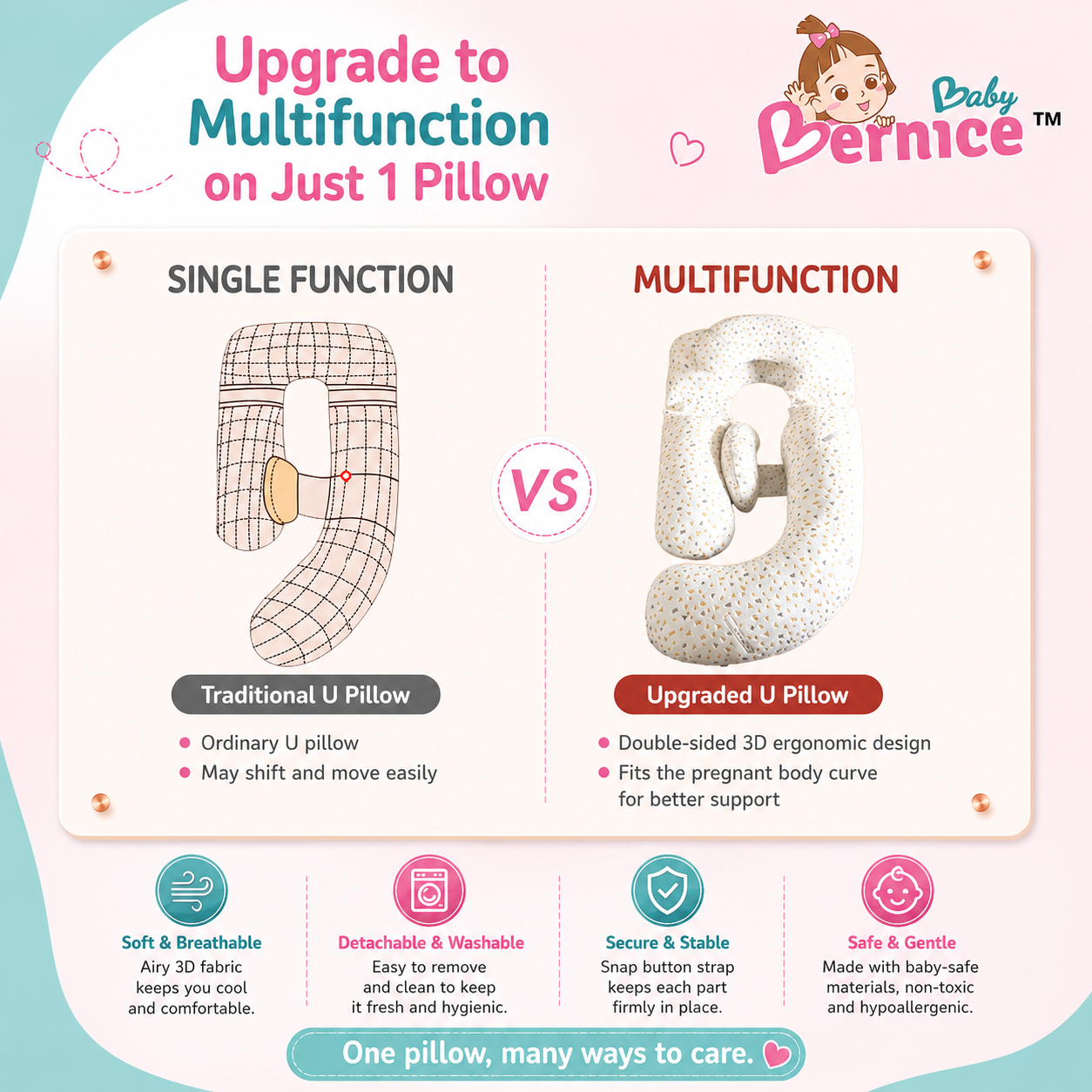 Baby Bernice™ Premium COOLMAX U-Shaped Maternity Pillow | Cooling Breathable Full Body Pregnancy Support Pillow + Free Gifts