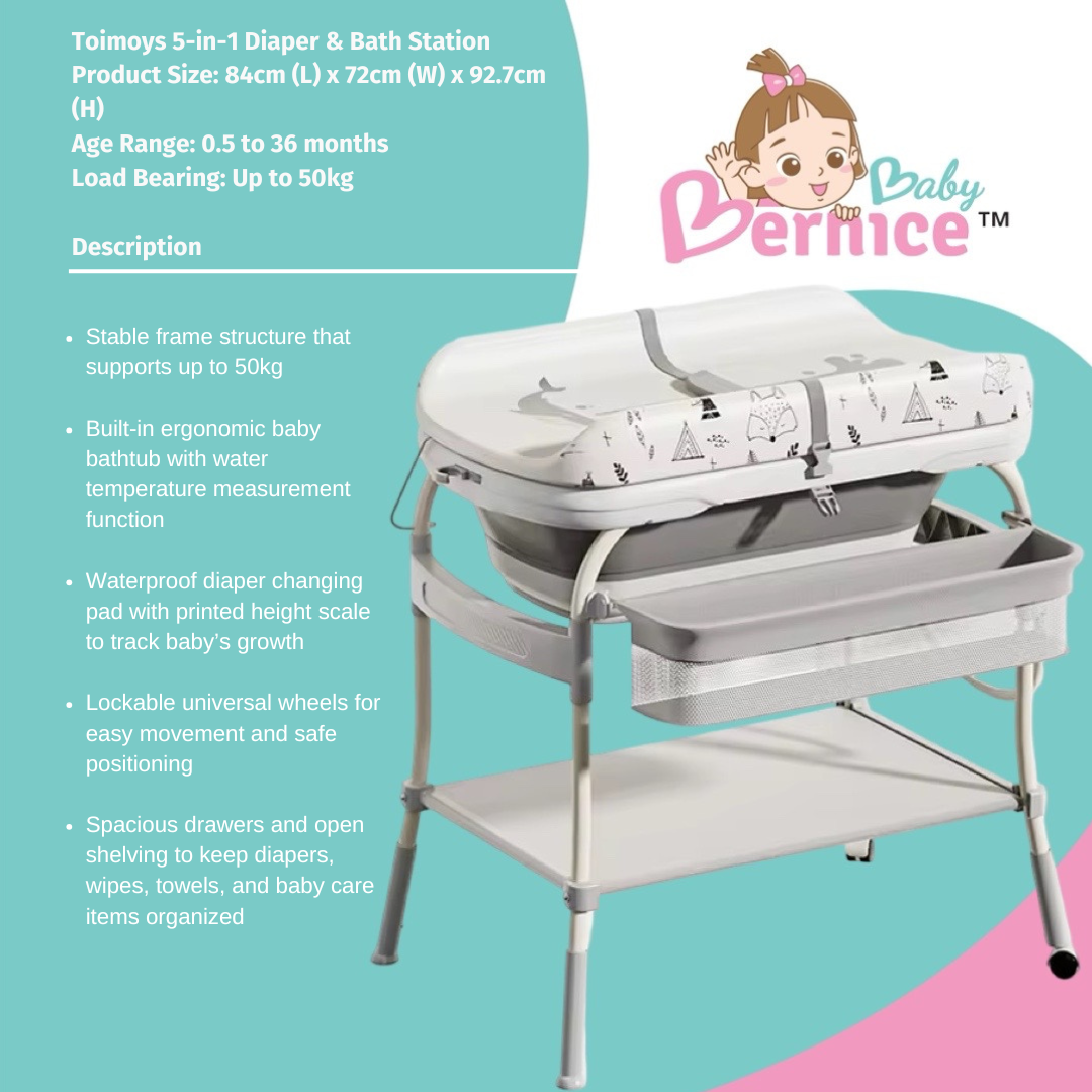 5-in-1 Diaper & Bath Station Diaper Cabinet | Changing Table | Baby Bathtub | Nursing Station | Storage Drawers