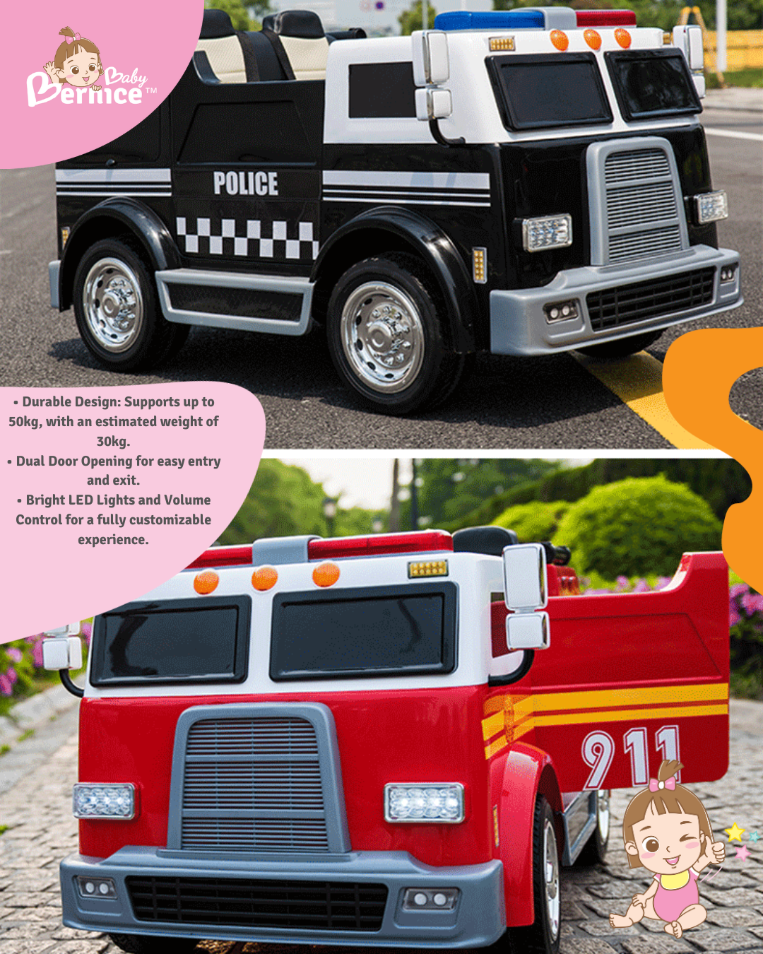 2 Seater Adjustable Police Truck Kids Electric Ride-On Car