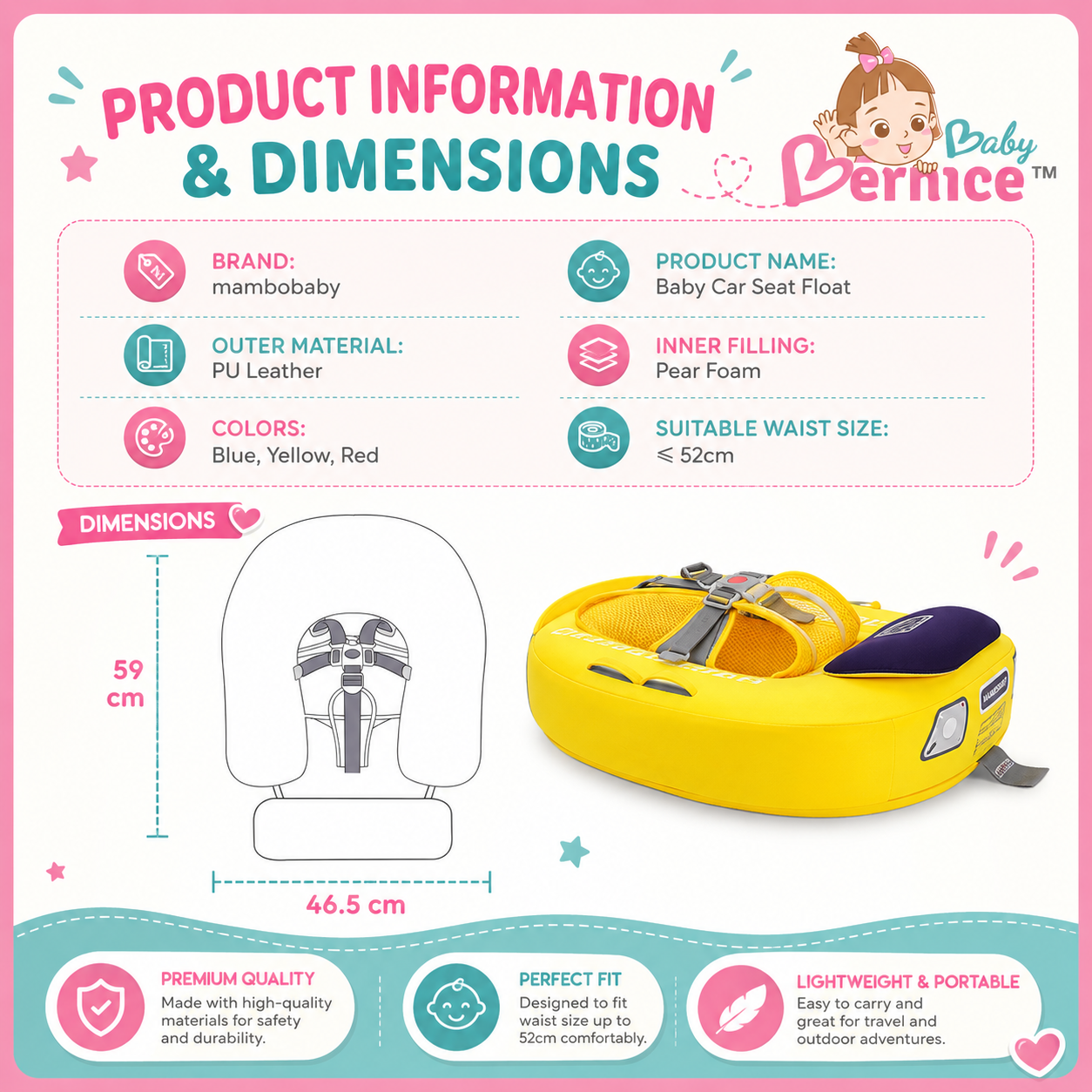 Baby Bernice Premium Baby Swim Float with UPF50+ Sun Canopy | Solid Back Support | Detachable Tail Float