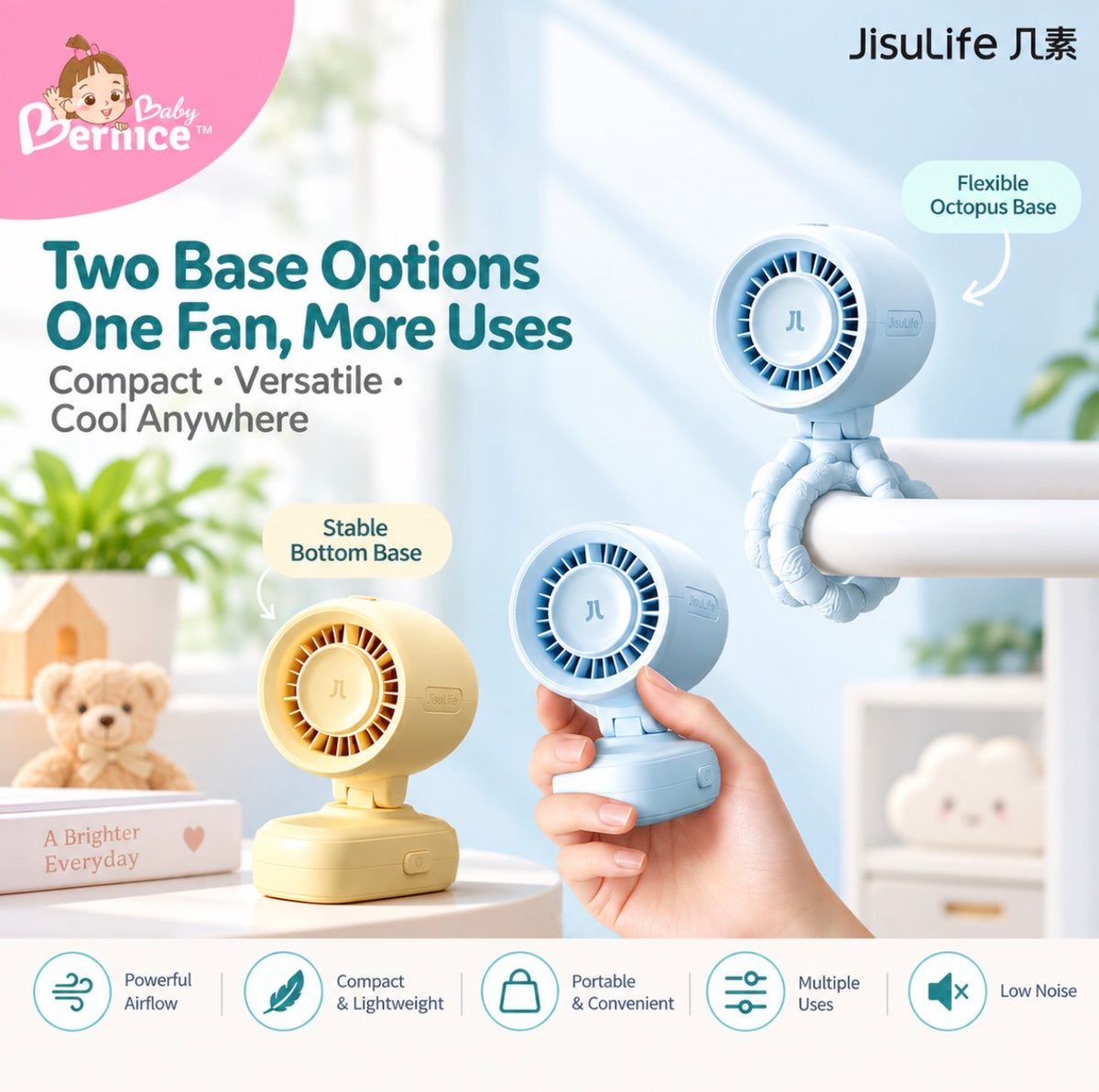 JisuLife Life3 Baby Stroller Fan – 100-Speed Portable Rechargeable Fan with Flexible Octopus Base, 180° Auto Swing & Night Light