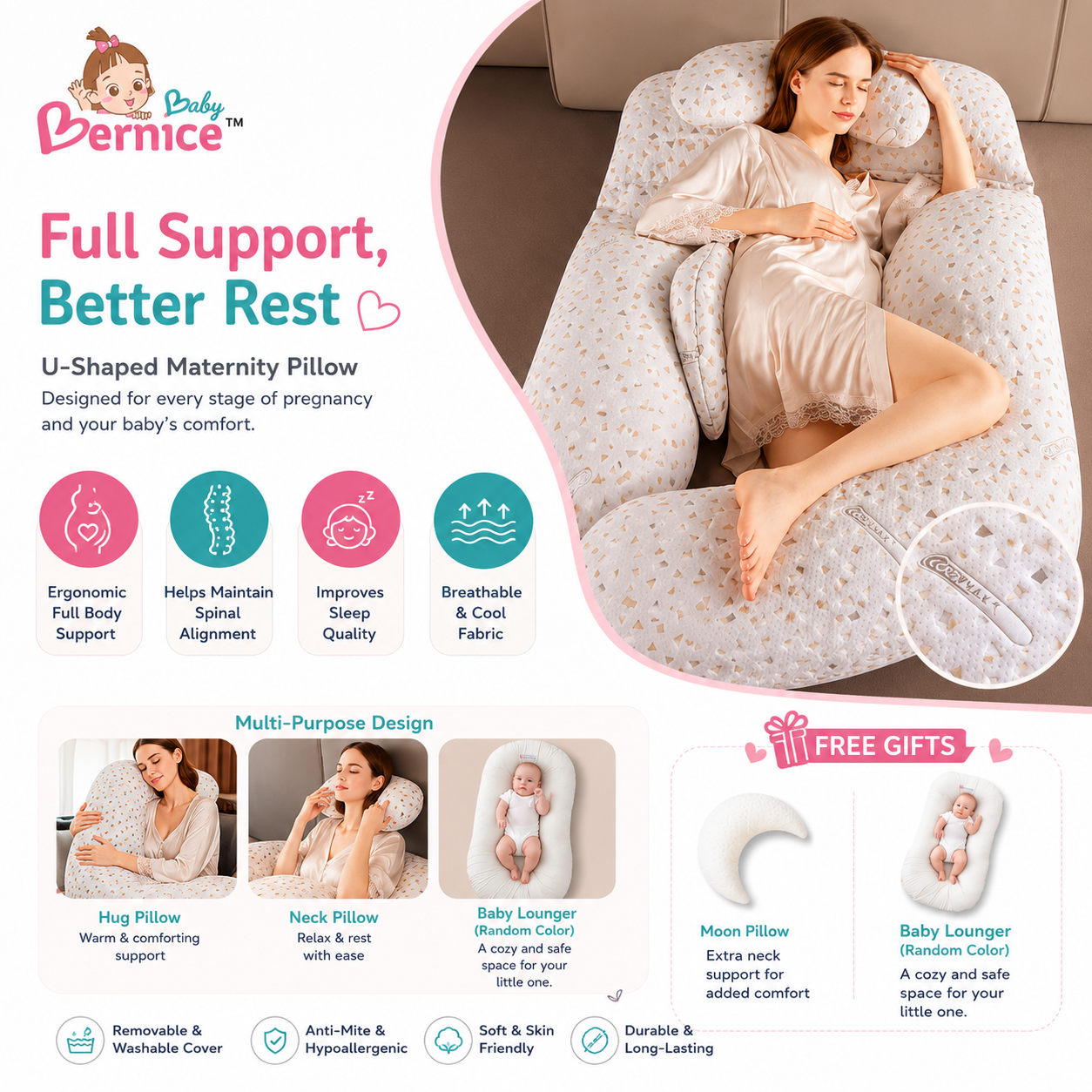 Baby Bernice™ Premium COOLMAX U-Shaped Maternity Pillow | Cooling Breathable Full Body Pregnancy Support Pillow + Free Gifts