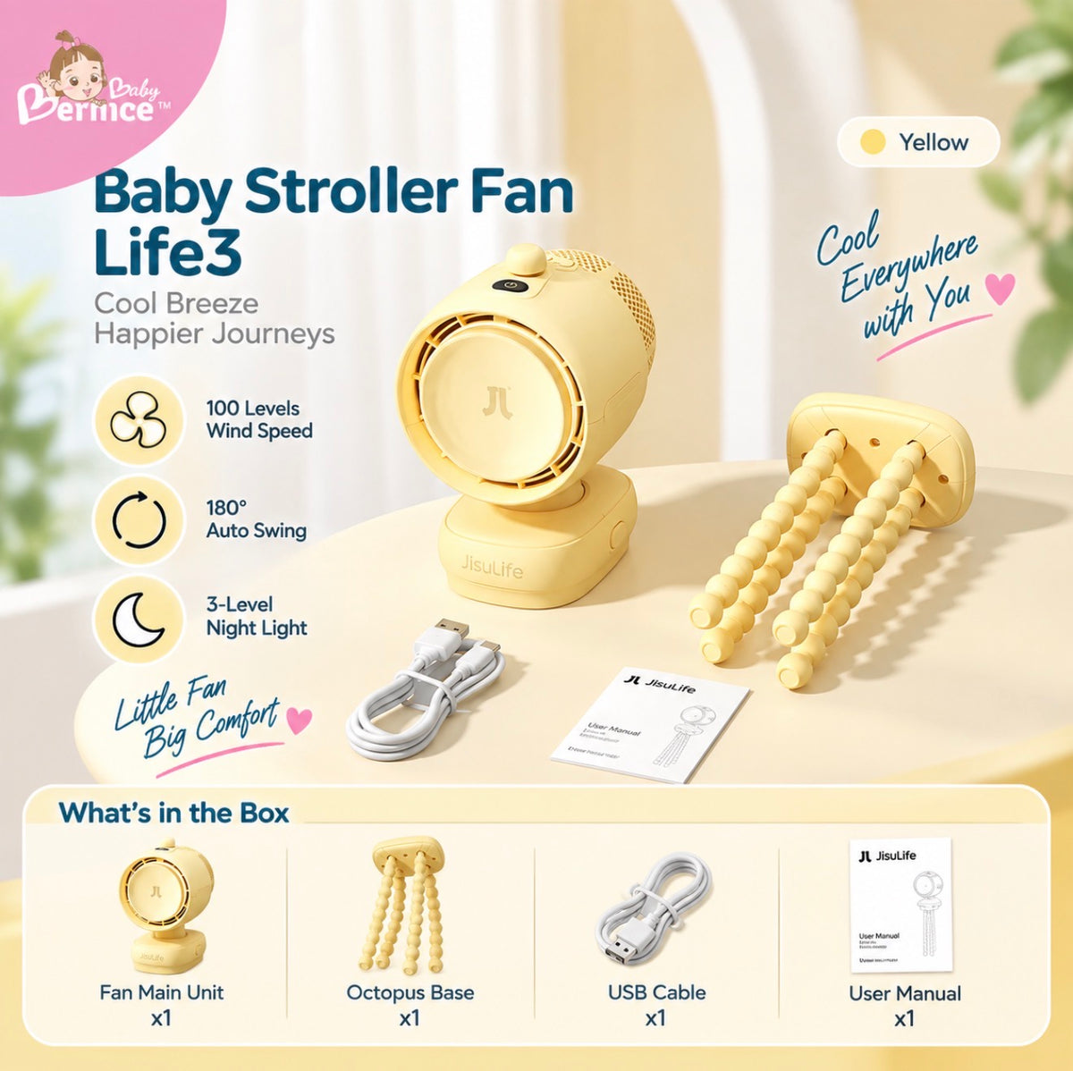 JisuLife Life3 Baby Stroller Fan – 100-Speed Portable Rechargeable Fan with Flexible Octopus Base, 180° Auto Swing & Night Light