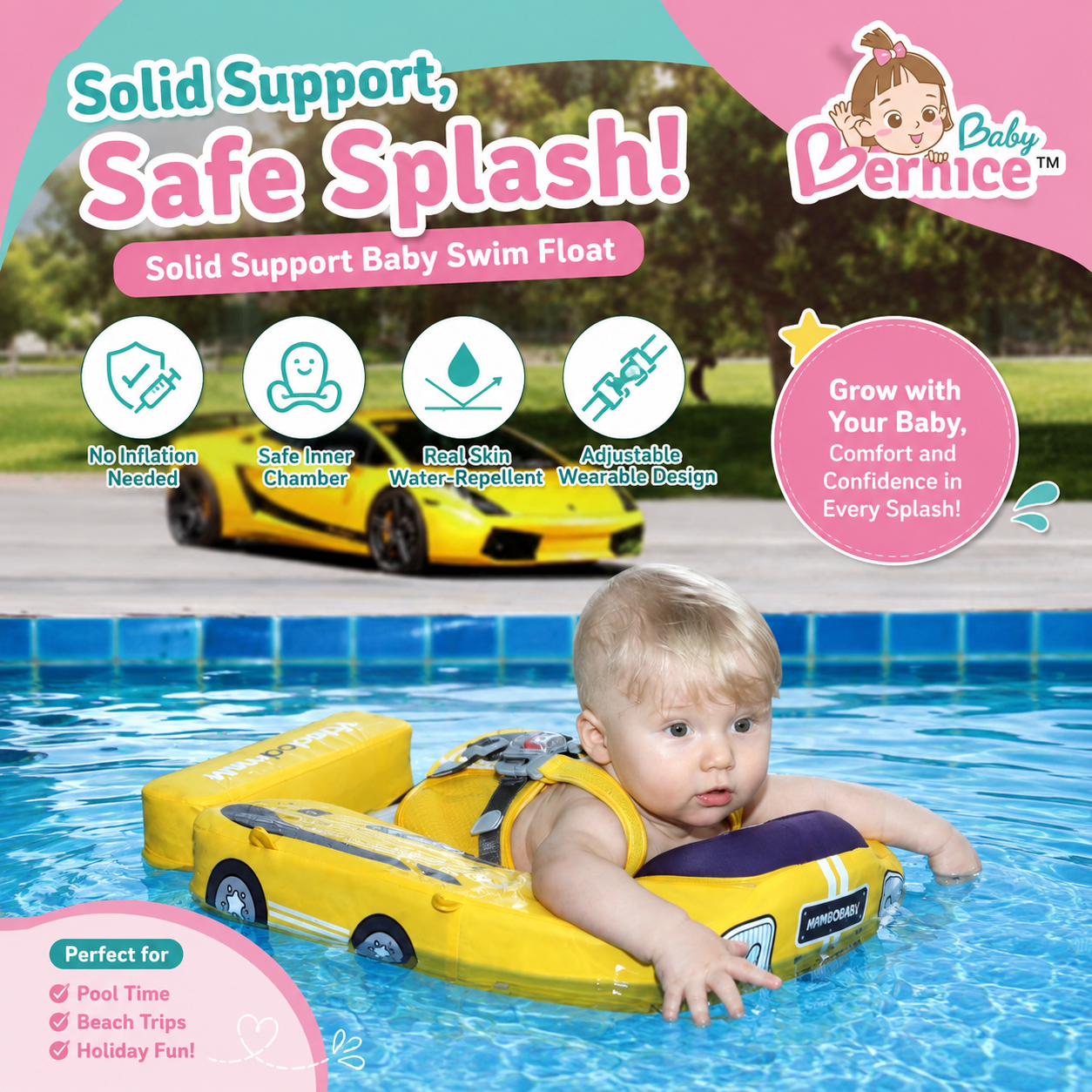 Baby Bernice Premium Baby Swim Float with UPF50+ Sun Canopy | Solid Back Support | Detachable Tail Float