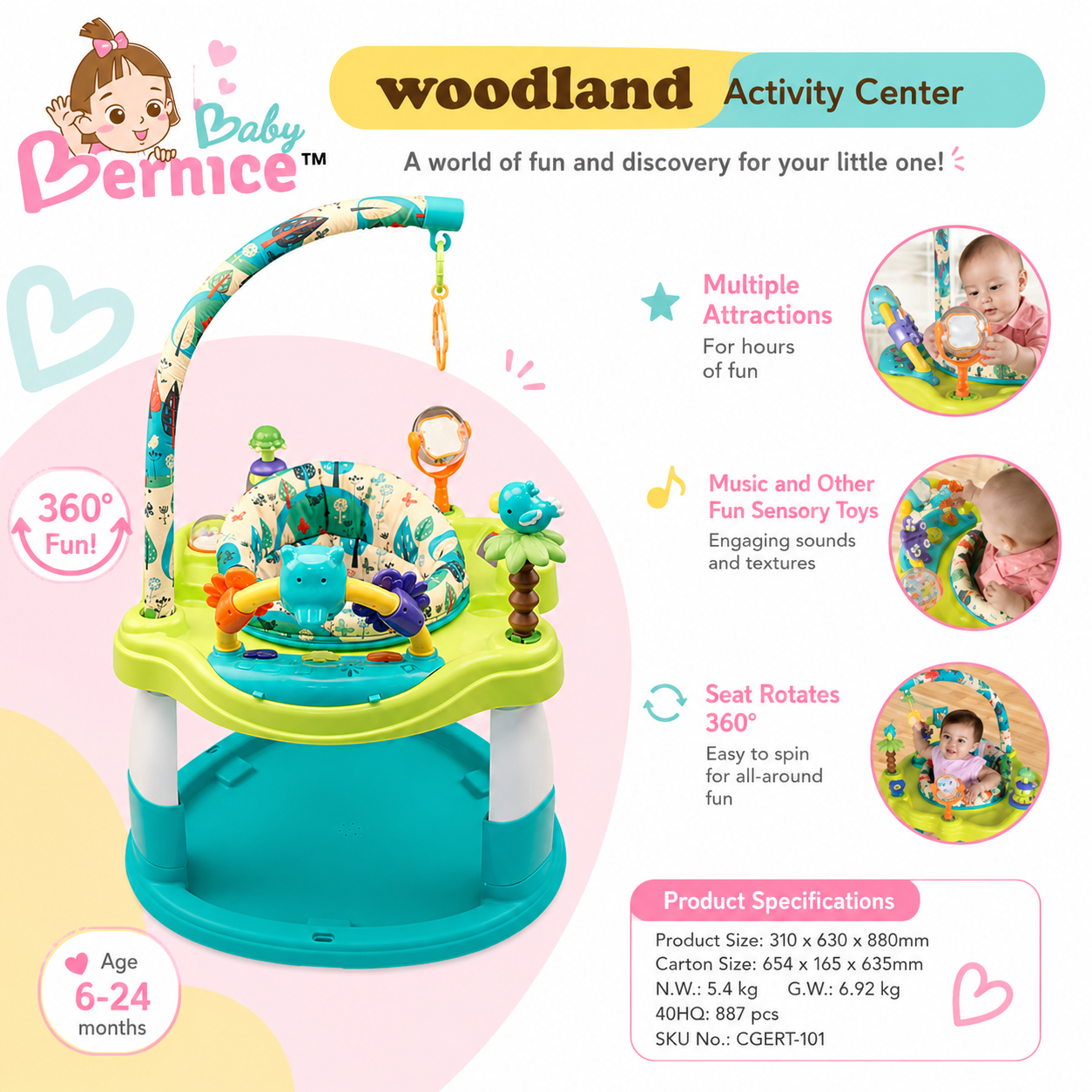 Baby Bernice Woodland 360° Activity Center | Rotating Jumperoo | Baby Activity Seat | Music & Sensory Play | 6-24 Months
