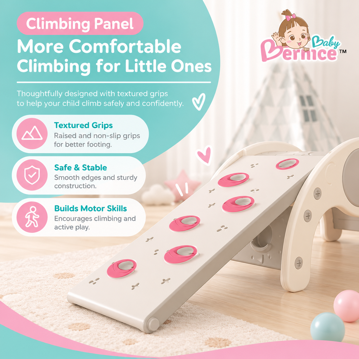 Baby Bernice 4-in-1 Multifunctional Toddler Climbing Slide & Rocker | Montessori-Inspired Indoor Playset | Balance & Motor Skills