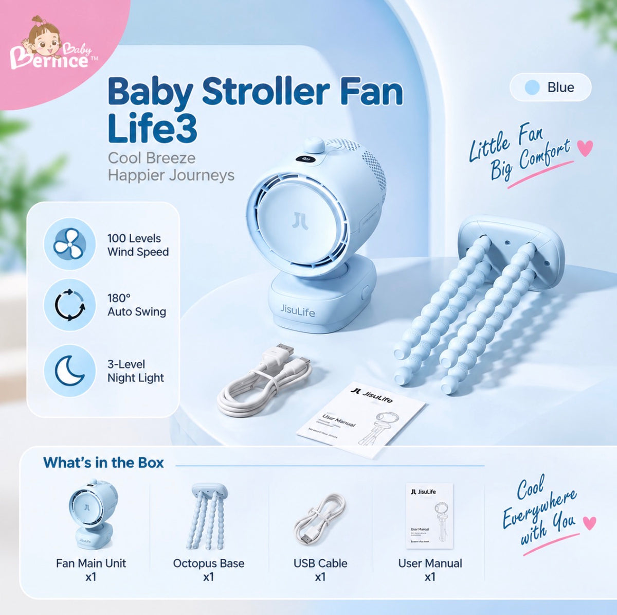 JisuLife Life3 Baby Stroller Fan – 100-Speed Portable Rechargeable Fan with Flexible Octopus Base, 180° Auto Swing & Night Light