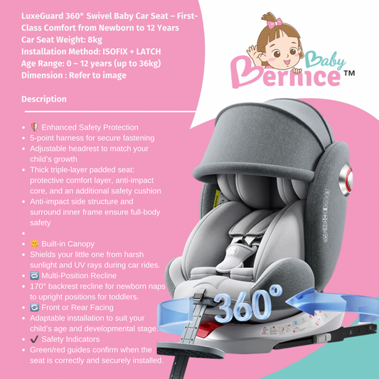 LuxeGuard 360° Swivel Baby Car Seat – First-Class Comfort from Newborn to 12 Years