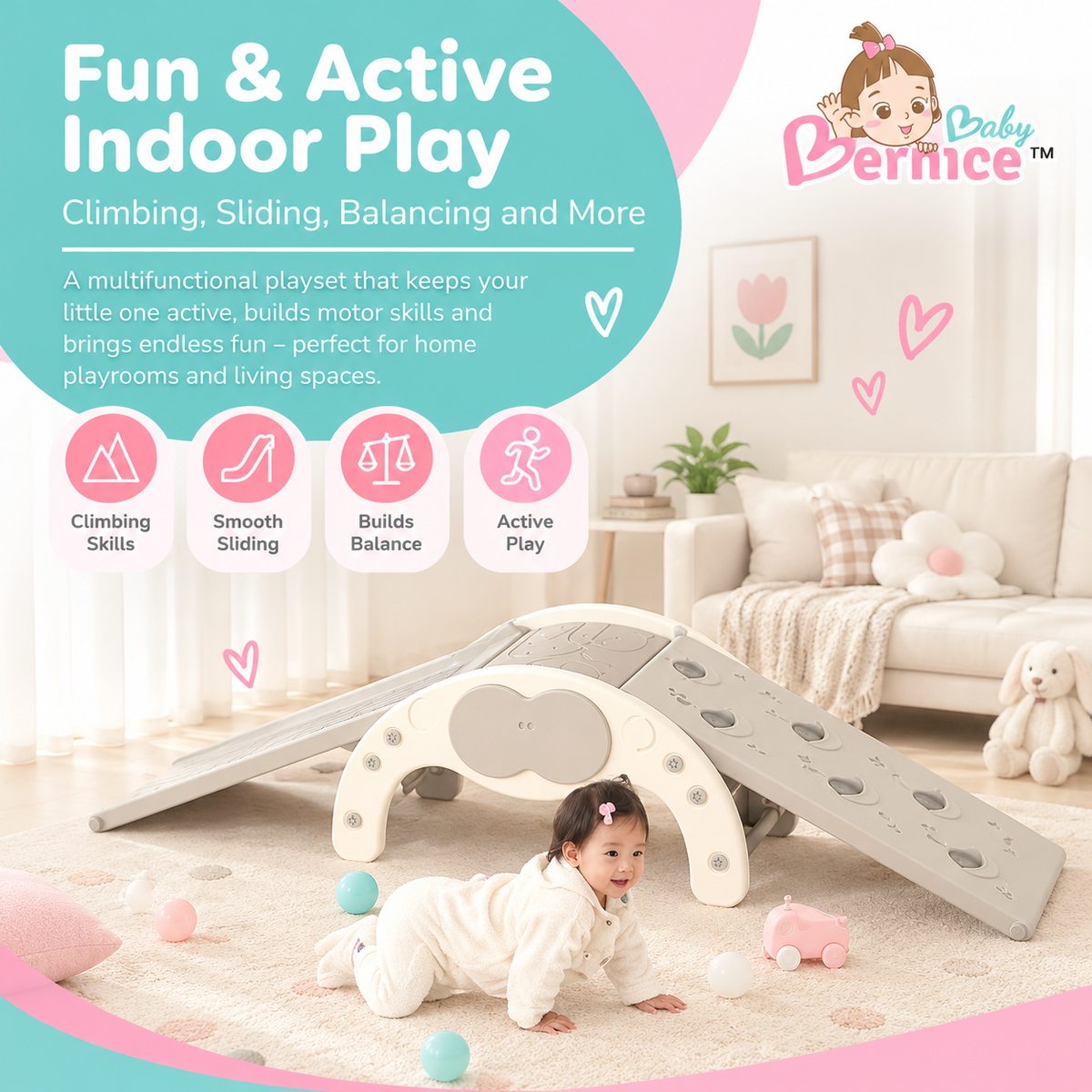 Baby Bernice 4-in-1 Multifunctional Toddler Climbing Slide & Rocker | Montessori-Inspired Indoor Playset | Balance & Motor Skills