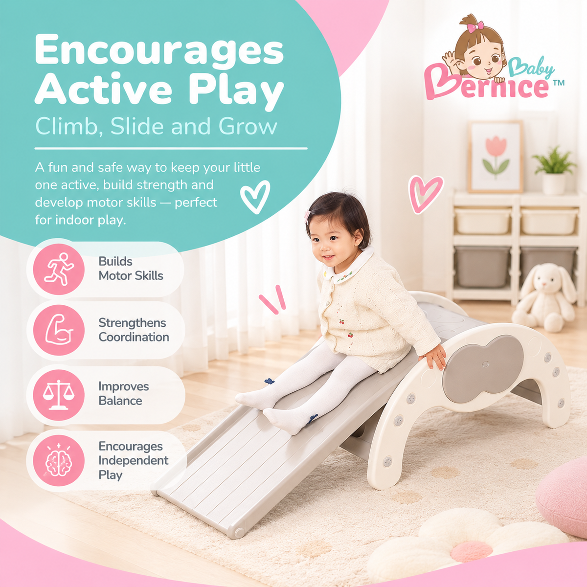 Baby Bernice 4-in-1 Multifunctional Toddler Climbing Slide & Rocker | Montessori-Inspired Indoor Playset | Balance & Motor Skills