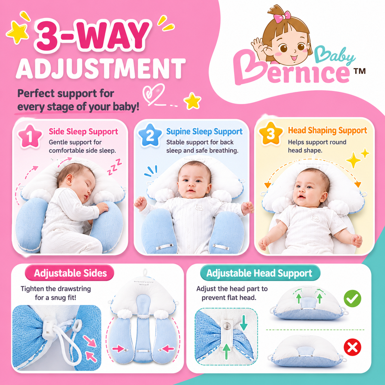 Baby Anti Flat Head Pillow for Newborns & Toddlers | Adjustable Sleeping Pillow Cushion | 0–3 Years