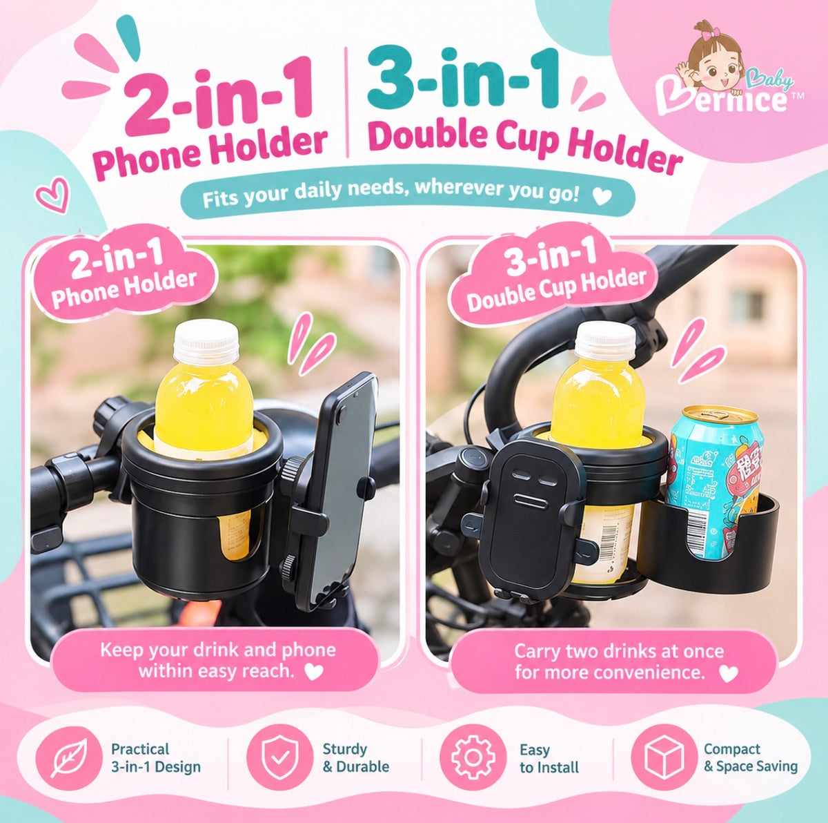 3-in-1 Expandable Stroller Double Cup Holder & Phone Holder | Convertible 2-Cup Drink Stand