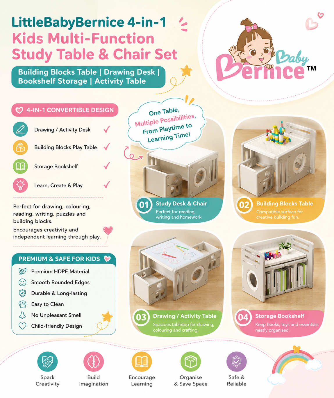 LittleBabyBernice 4-in-1 Multi-Functional Kids Growing Table & Chair Set | Study Desk | Drawing Table | Building Blocks Table | Storage Shelf | HDPE Toddler Activity Table