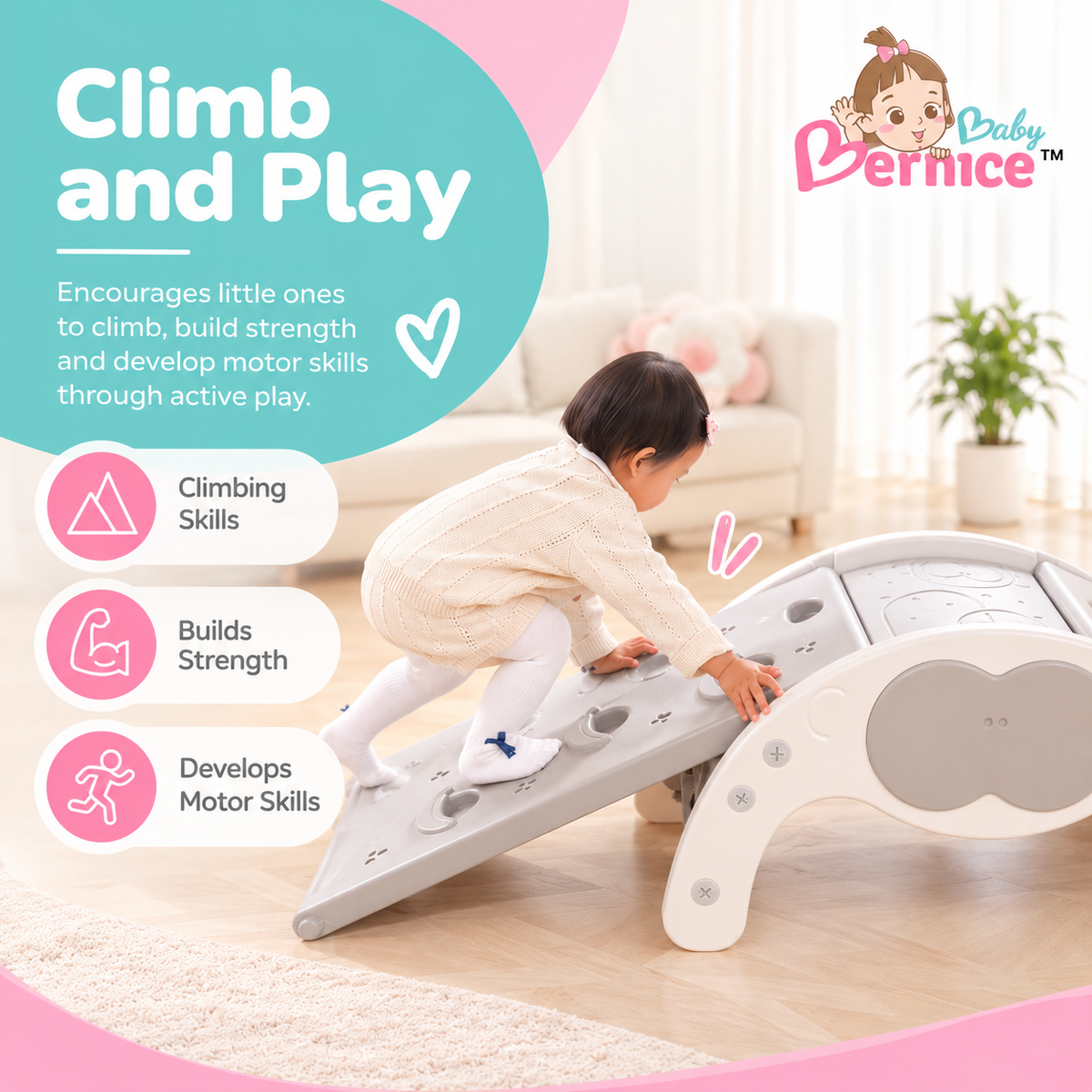 Baby Bernice 4-in-1 Multifunctional Toddler Climbing Slide & Rocker | Montessori-Inspired Indoor Playset | Balance & Motor Skills