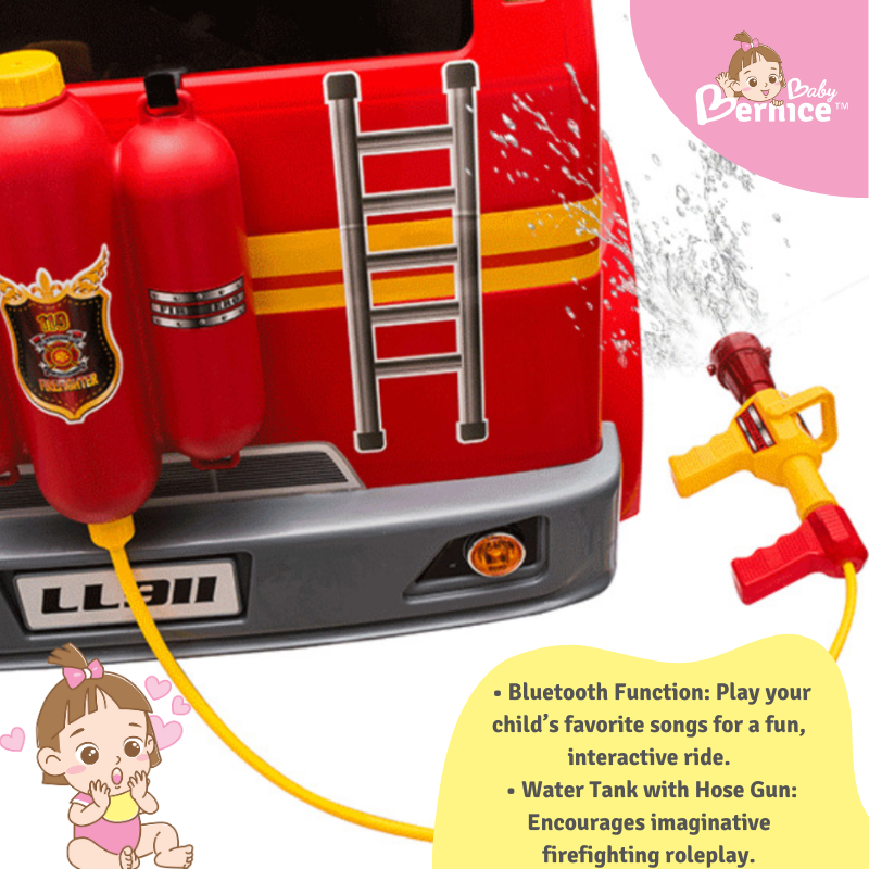 911 Fire Truck Kids Electric Ride-On Car with Bluetooth, Adjustable Seat & Water Hose