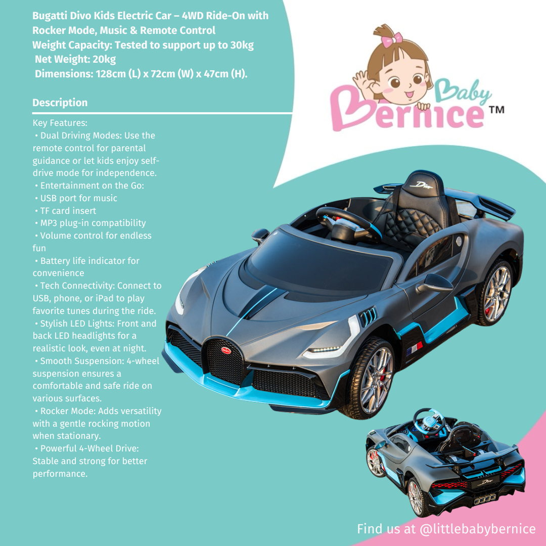 Bugatti Divo Kids Electric Car – 4WD Ride-On with Rocker Mode, Music & Remote Control