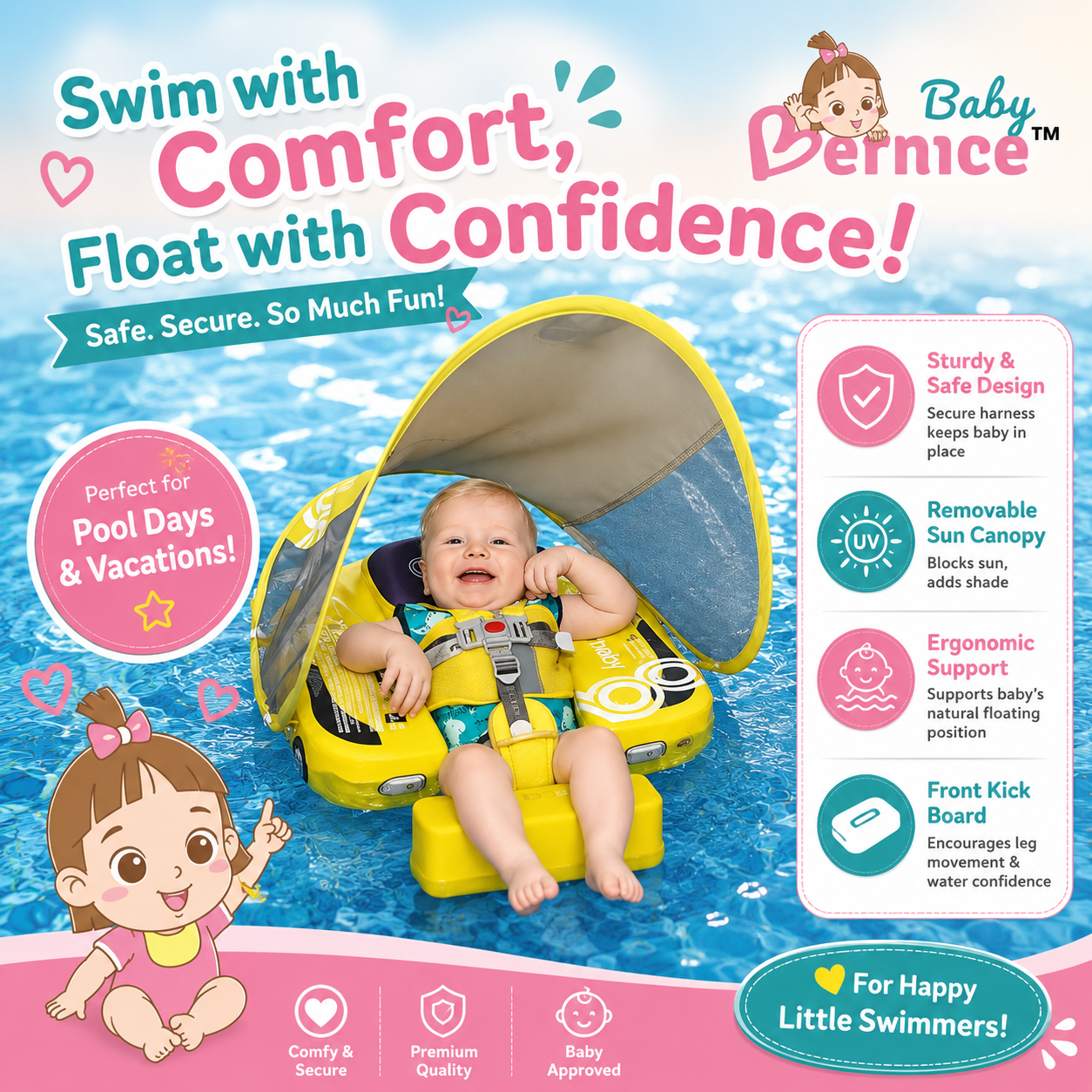 Baby Bernice Premium Baby Swim Float with UPF50+ Sun Canopy | Solid Back Support | Detachable Tail Float