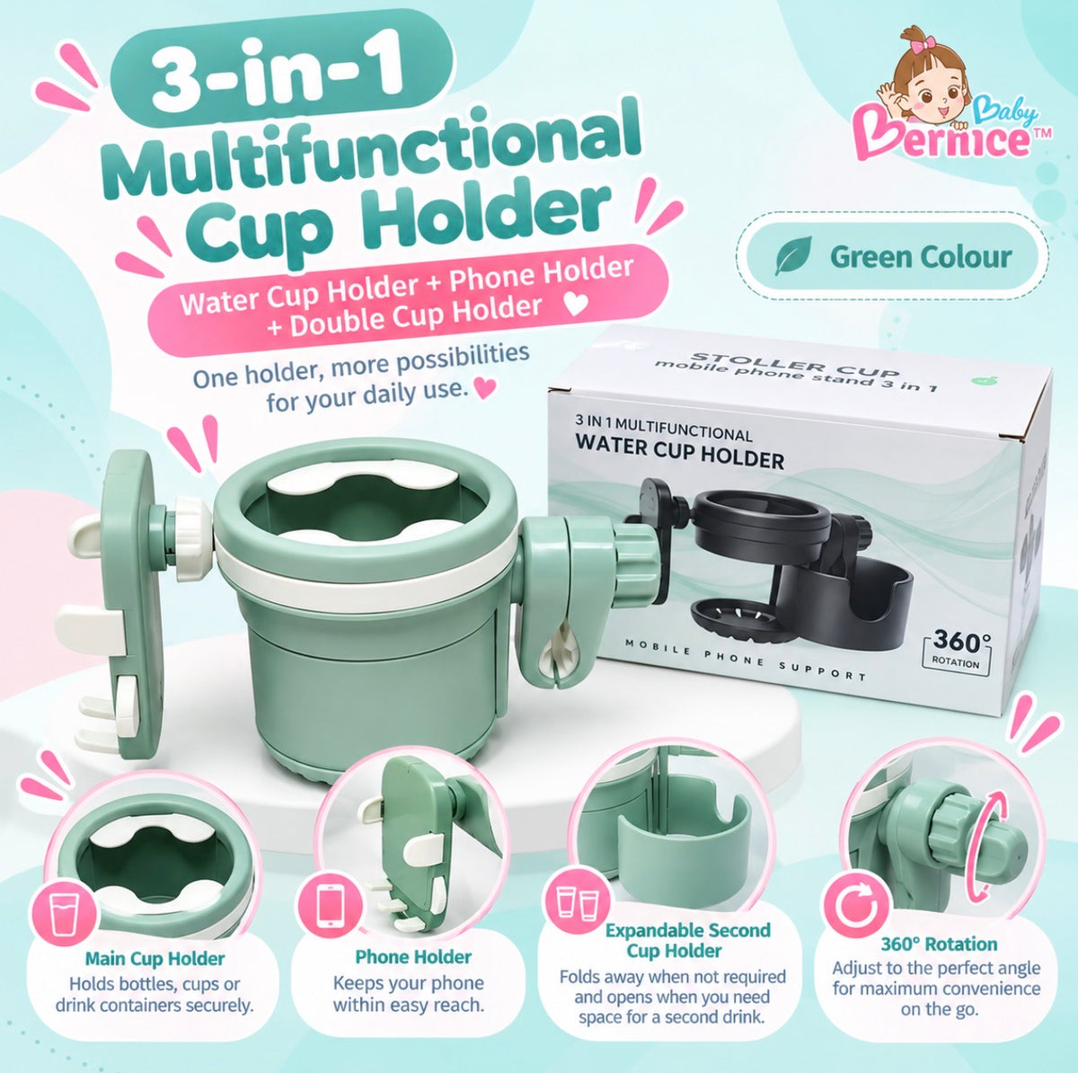 3-in-1 Expandable Stroller Double Cup Holder & Phone Holder | Convertible 2-Cup Drink Stand