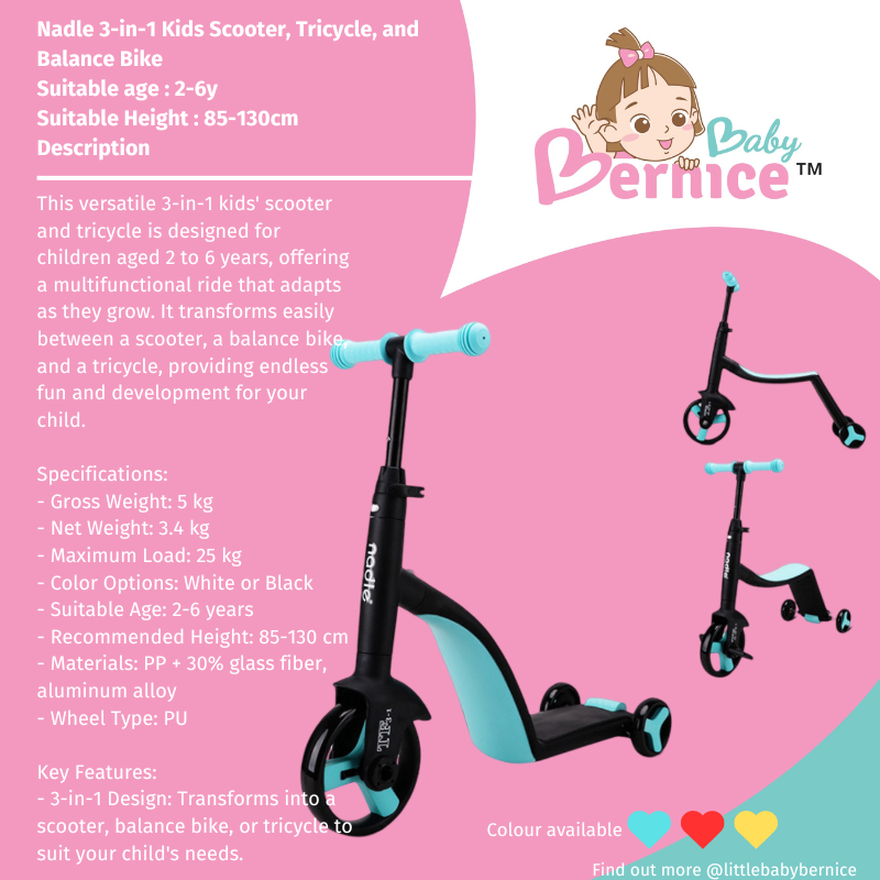 Nadle 3-in-1 Kids Scooter, Tricycle, and Balance Bike