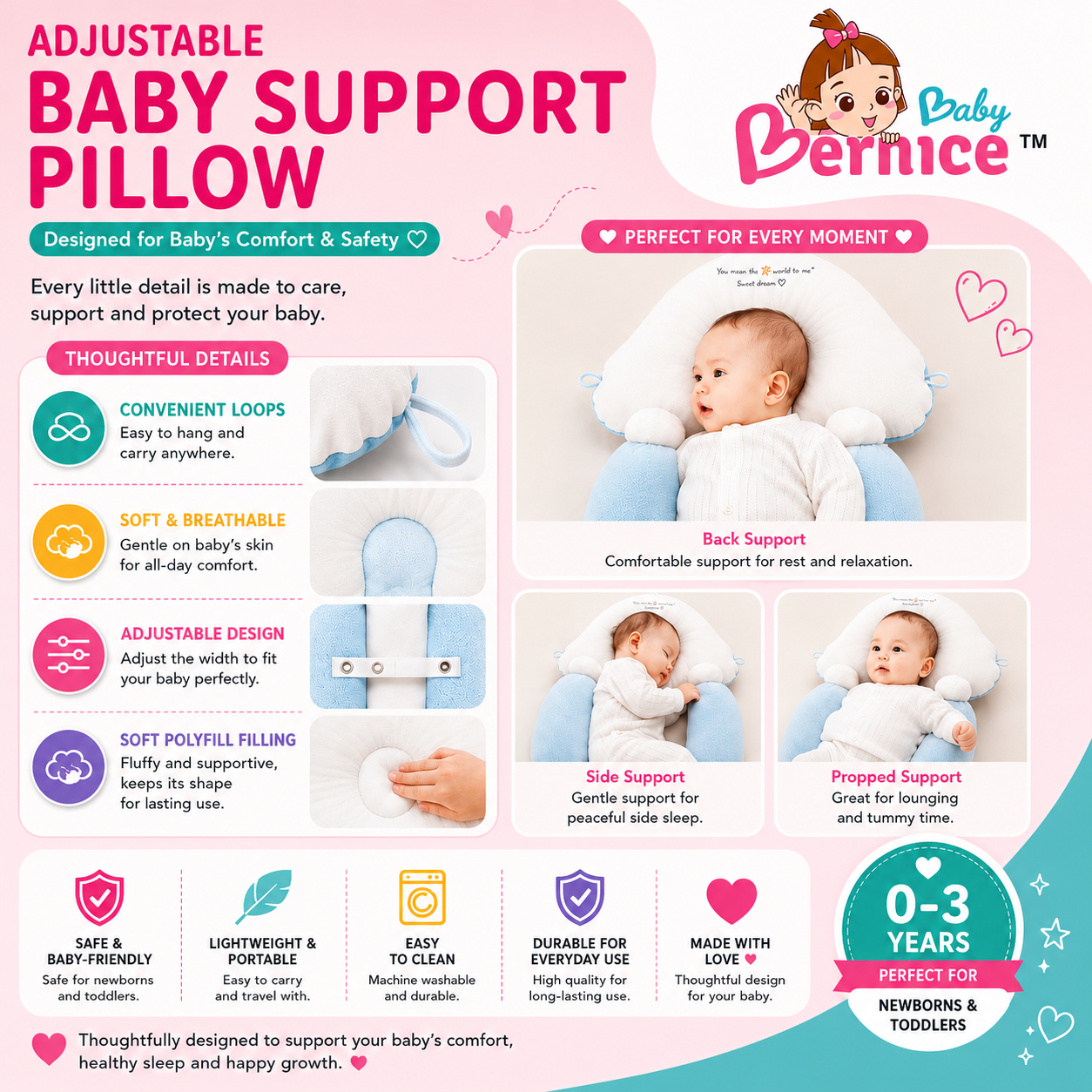 Baby Anti Flat Head Pillow for Newborns & Toddlers | Adjustable Sleeping Pillow Cushion | 0–3 Years